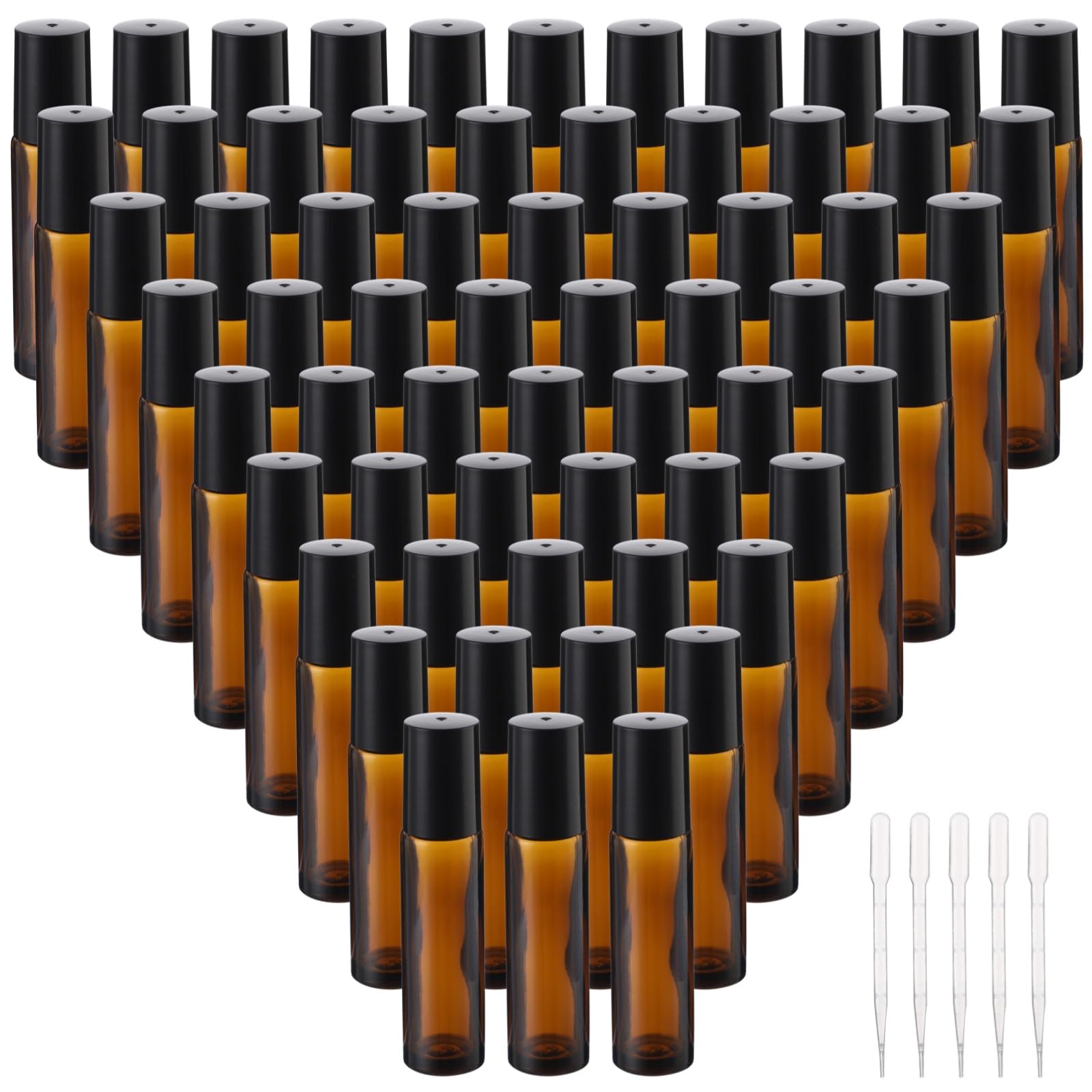 64 Pcs Amber Roller Bottles for Essential Oils  10ml Refillable Essential Oil Roller Bottles Set with Transfer Pipettes, Glass 