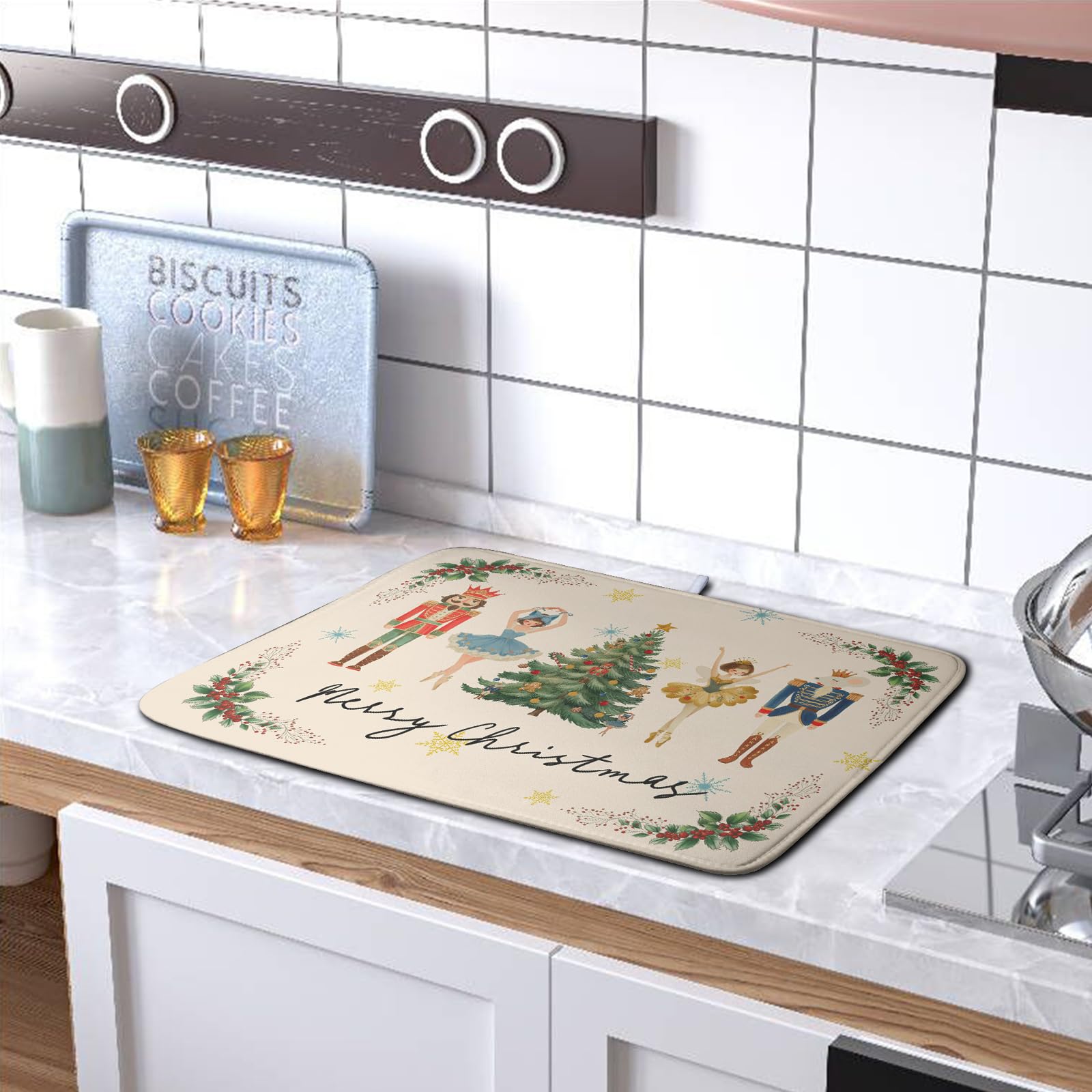 Merry Christmas Nutcracker Dish Drying Mat for Kitchen Counter 18x24 Inch Winter Xmas Tree Snowflakes Drying Mats Microfiber Abs