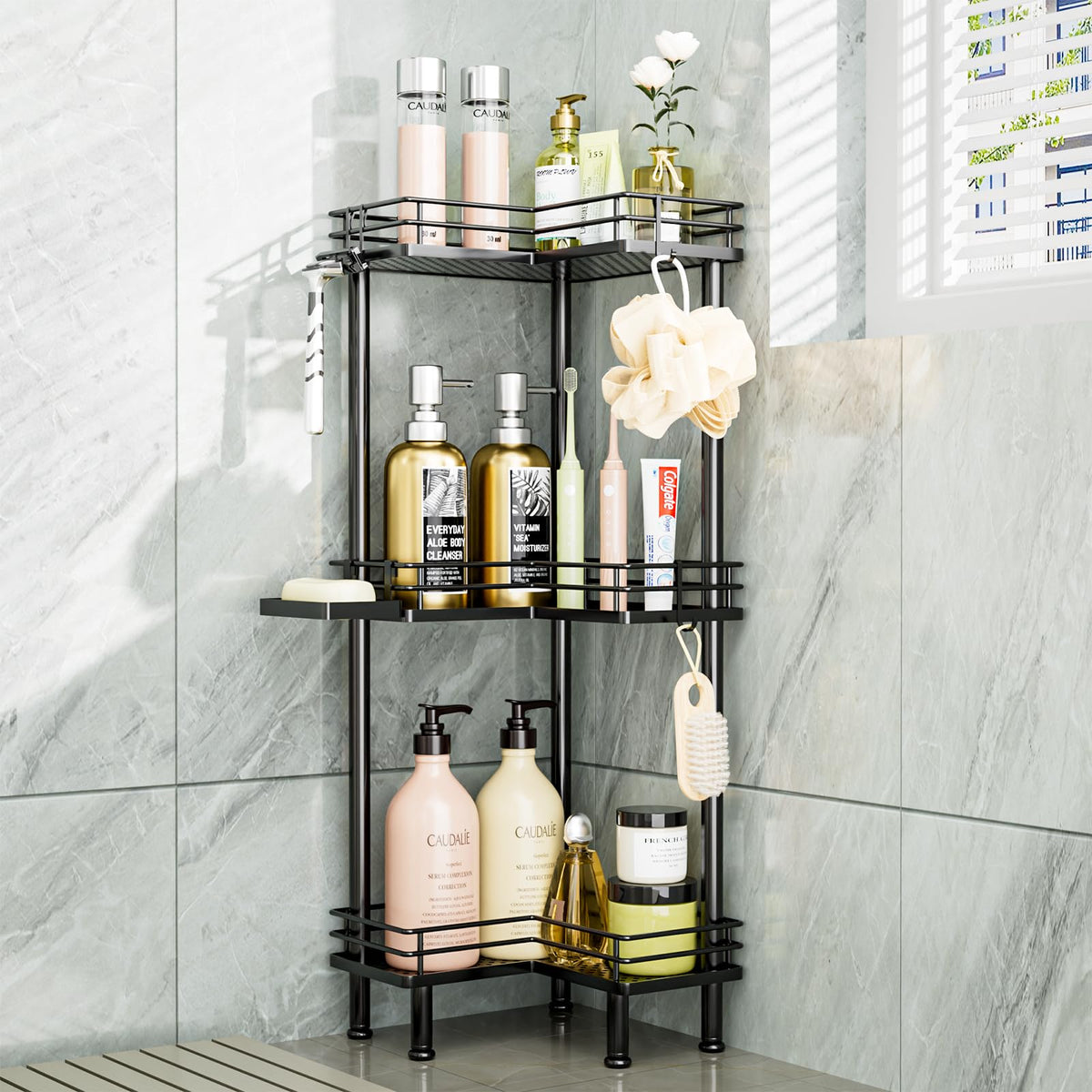Consumest Corner Shower Caddy Standing - 3-Tier Stainless Steel Shower Organizer Corner With Soap Holder And 4 Hooks, Large Capa