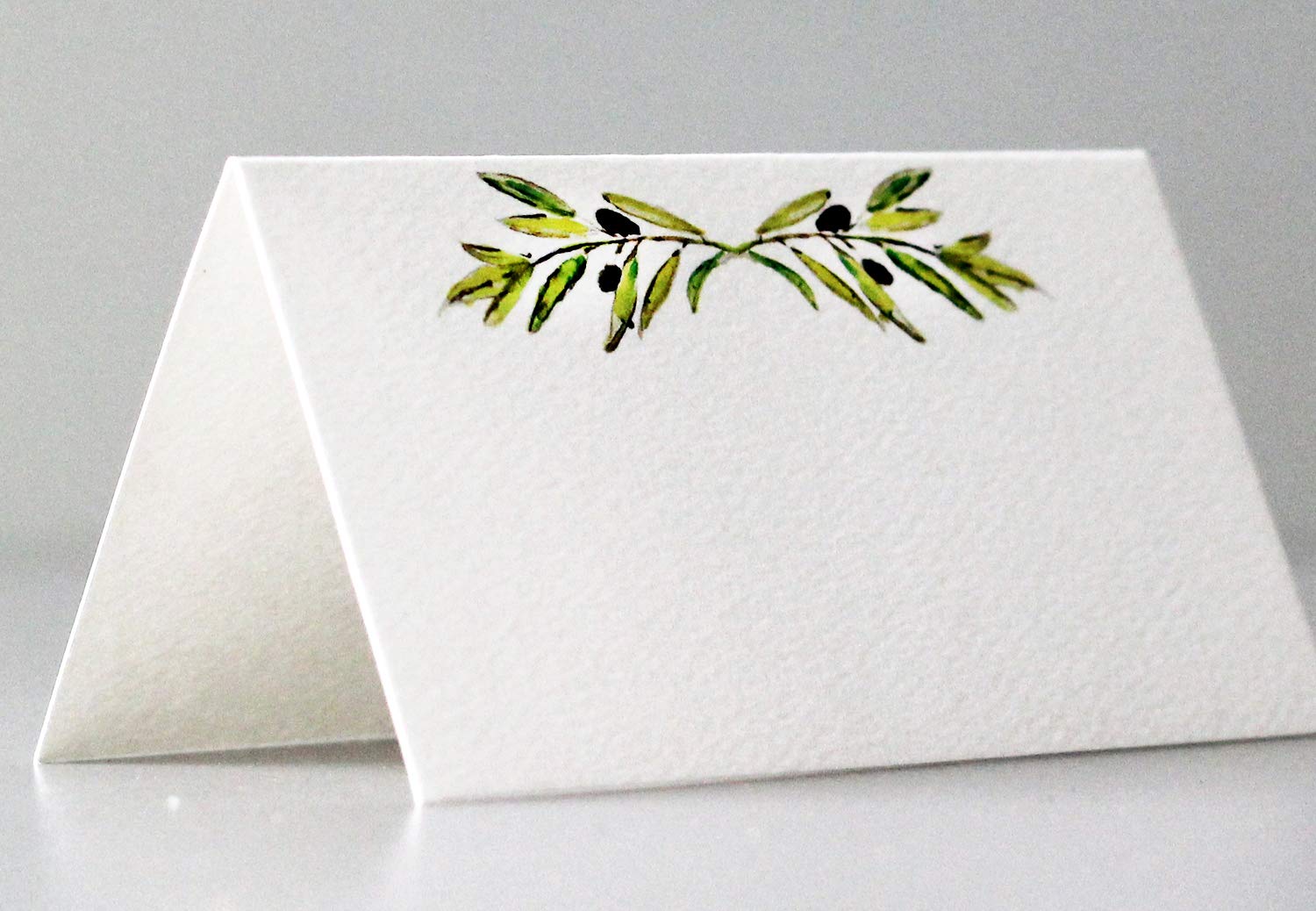 Nancy Nikko Place Cards with Green Leafy Olive Branch for Weddings, Showers, and Dinner Parties. Table Tent Style, Scored for Ea