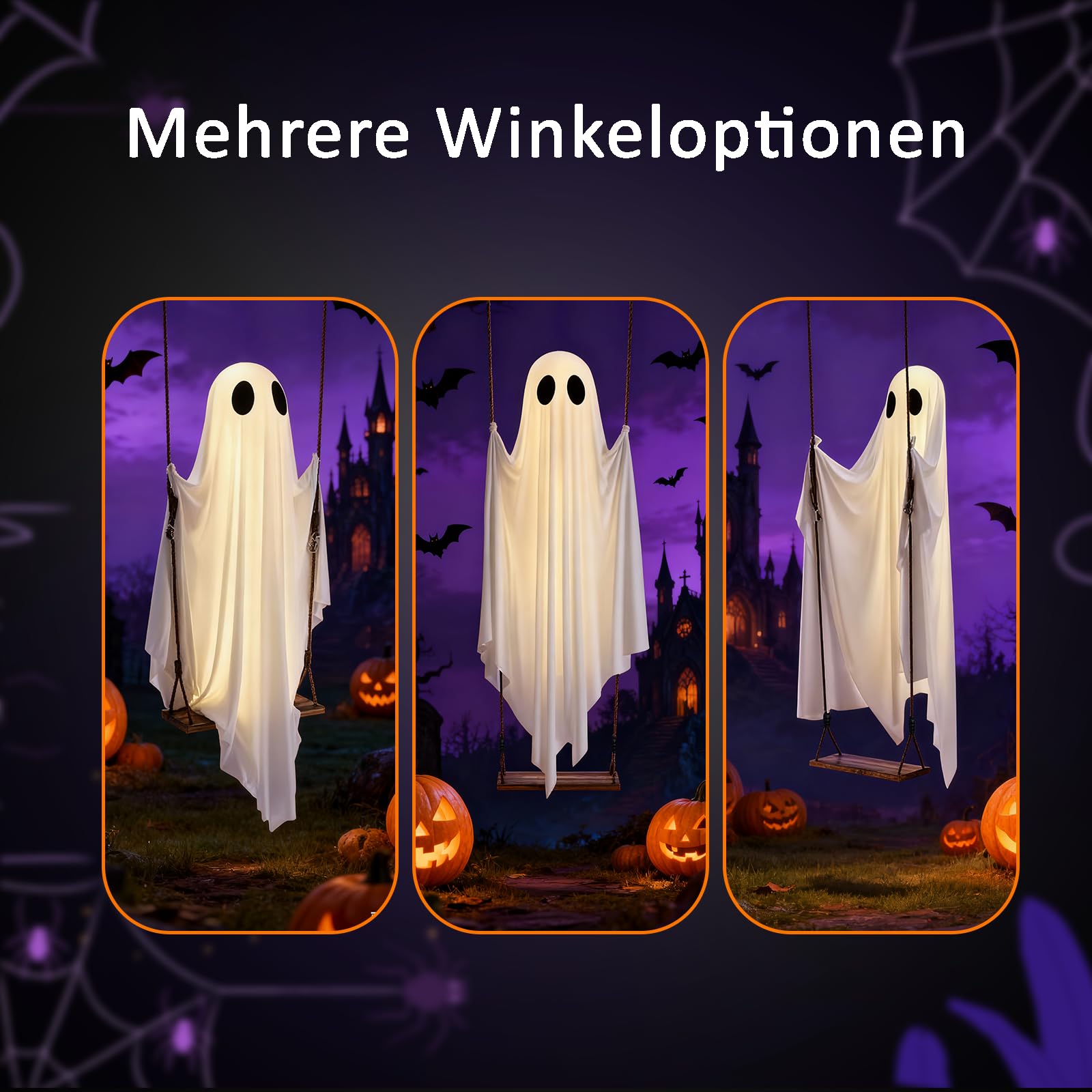 Halloween Decorations Outdoor - 5 Ft Large Hanging Swing Ghost Halloween Decor with String Lights - 3D Lighted Bat Spooky Cute G
