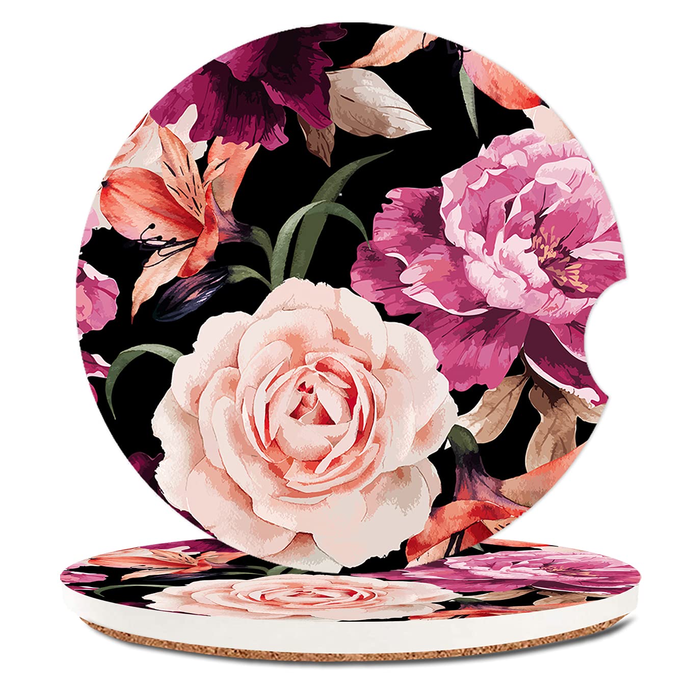 Black Rose Absorbent Cup Holders Car Coasters,Ceramic Stone Drinks Coaster Set For Women Man 2.56''(2 Pack)