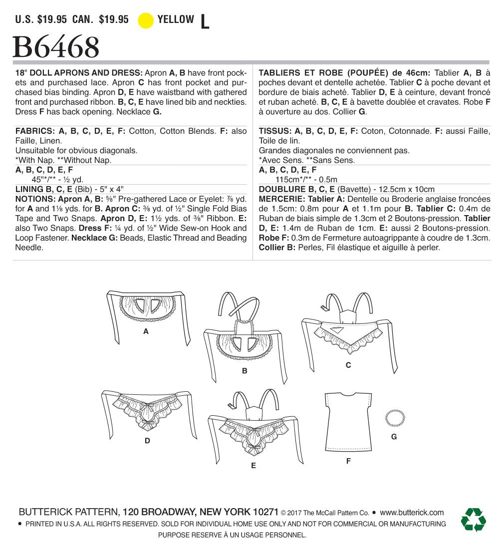Mccall Pattern Company B6468Osz 18 Doll Aprons And Dress, One Size