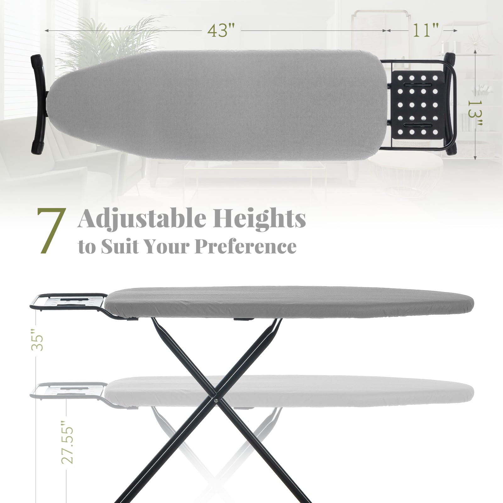 Ironing Board Full Size, Rainhol 43''X13'' Heavy Duty Compact Ironing Board With Iron Rest, Height Adjustable Sturdy Iron Stand,