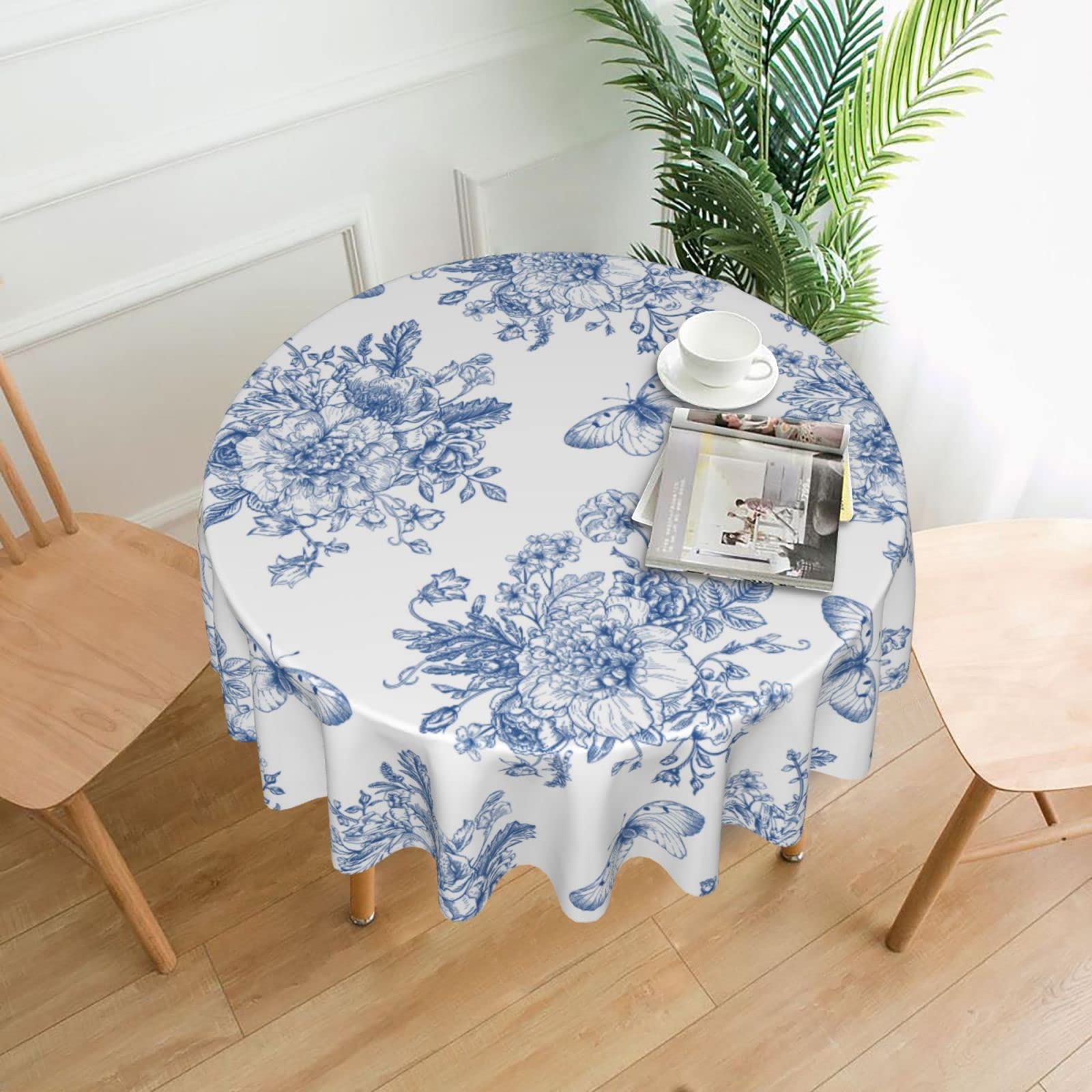 Spring Floral Tablecloth Round 60 Inch Ruitic Butterfly Table Cloth Waterproof Fabric Farmhouse Blue White Flower Tablecloths De