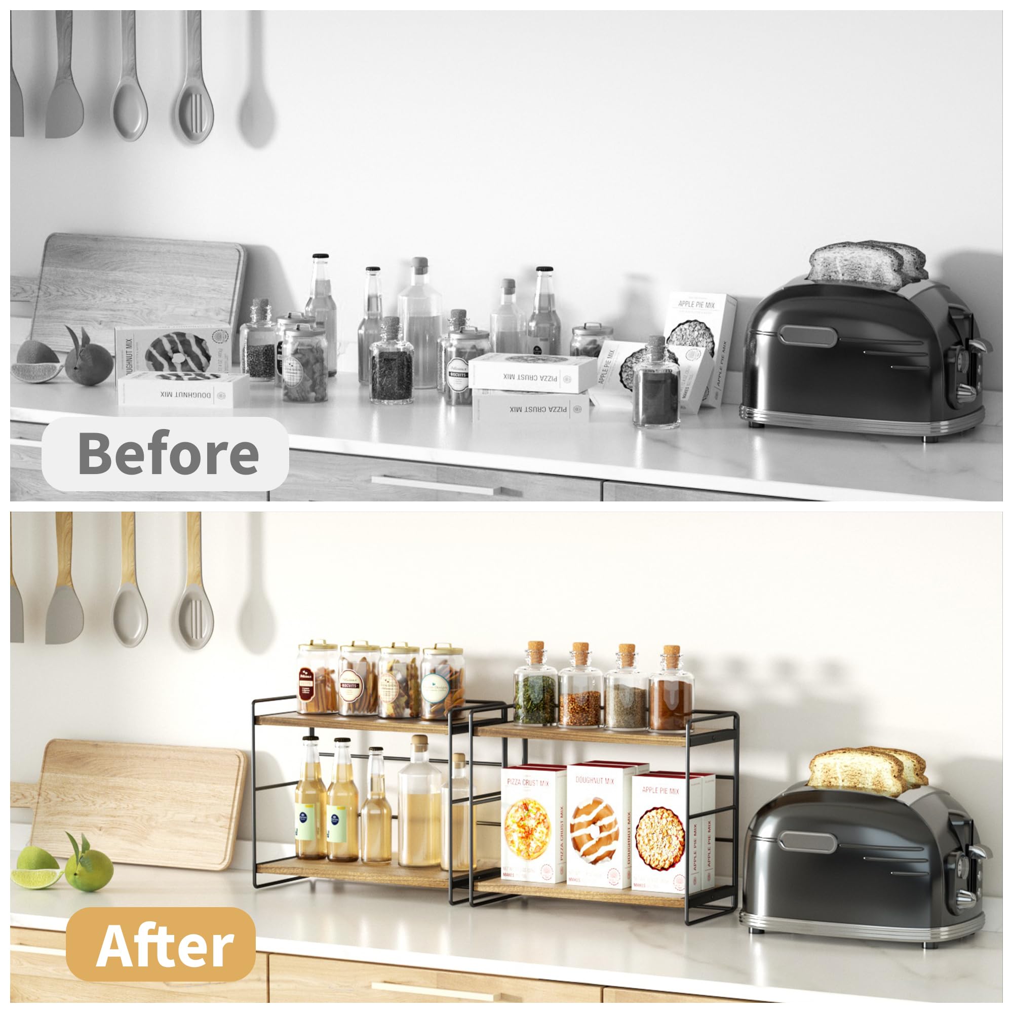 SRIWATANA Bathroom Countertop Organizer Set of 2, Kitchen Counter Shelf Spice Rack Sink Countertop Storage Desktop Large Wood Sh