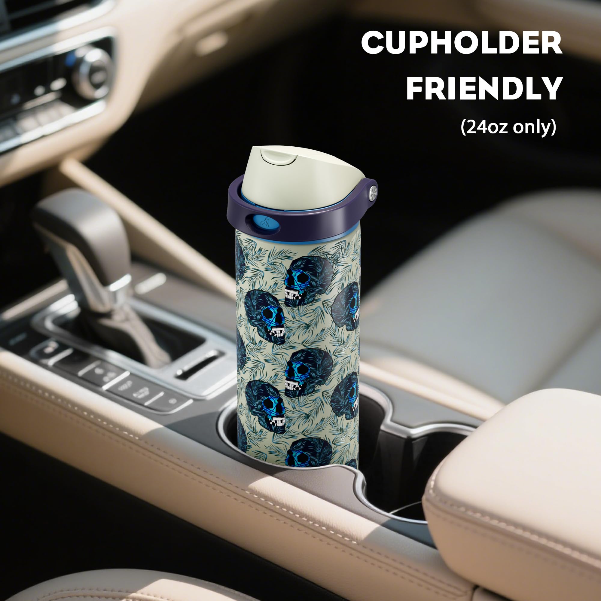 POWCAN 24 oz Insulated Skull Water Bottle: Push-Button Spout & Quick-Flip Straw, Leakproof, Car Cupholder Friendly, Insulated Fl