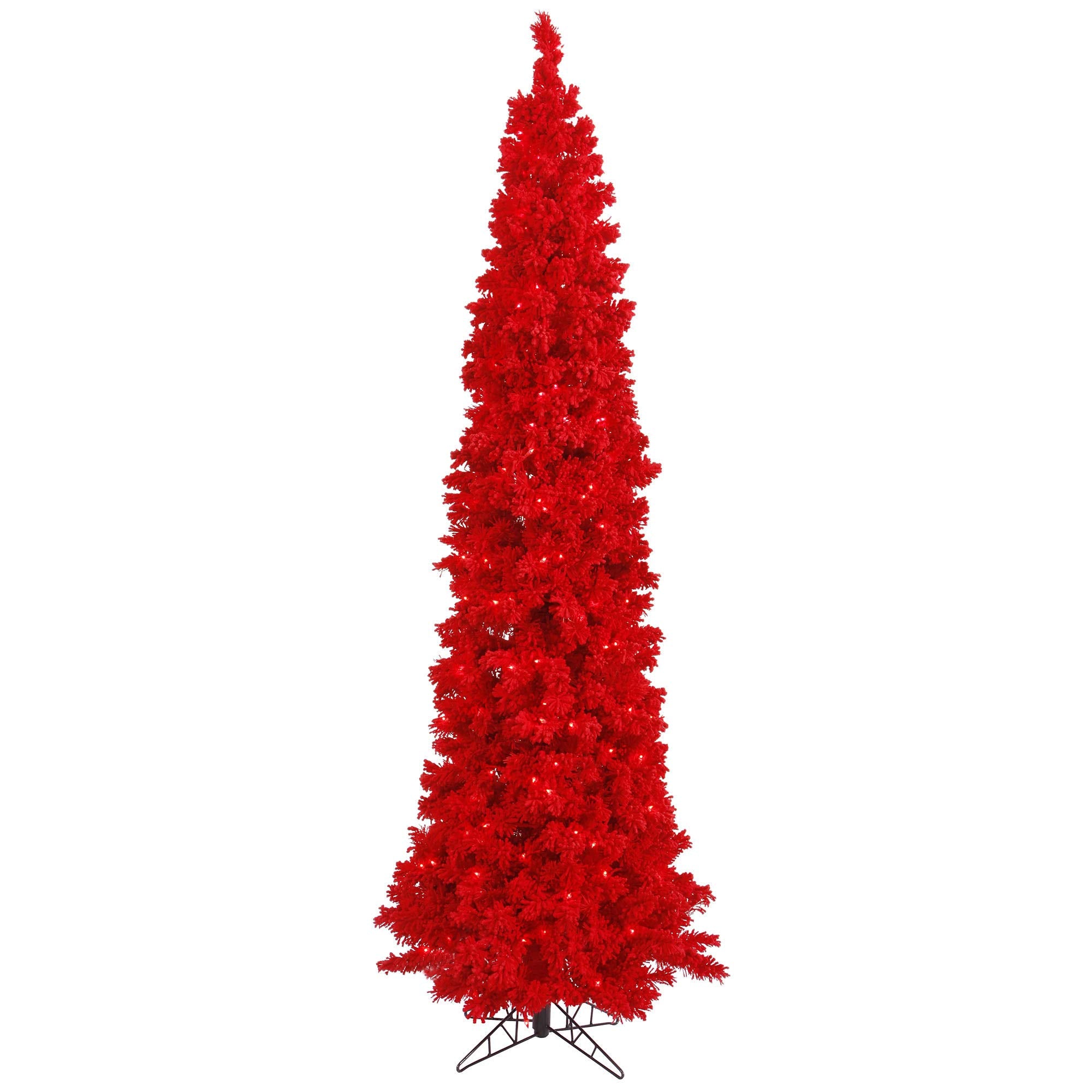 Vickerman 6.5' Flocked Red Pencil Fir Artificial Christmas Tree, Red Dura-lit LED Lights - Snow Covered Faux Tree - Seasonal Ind