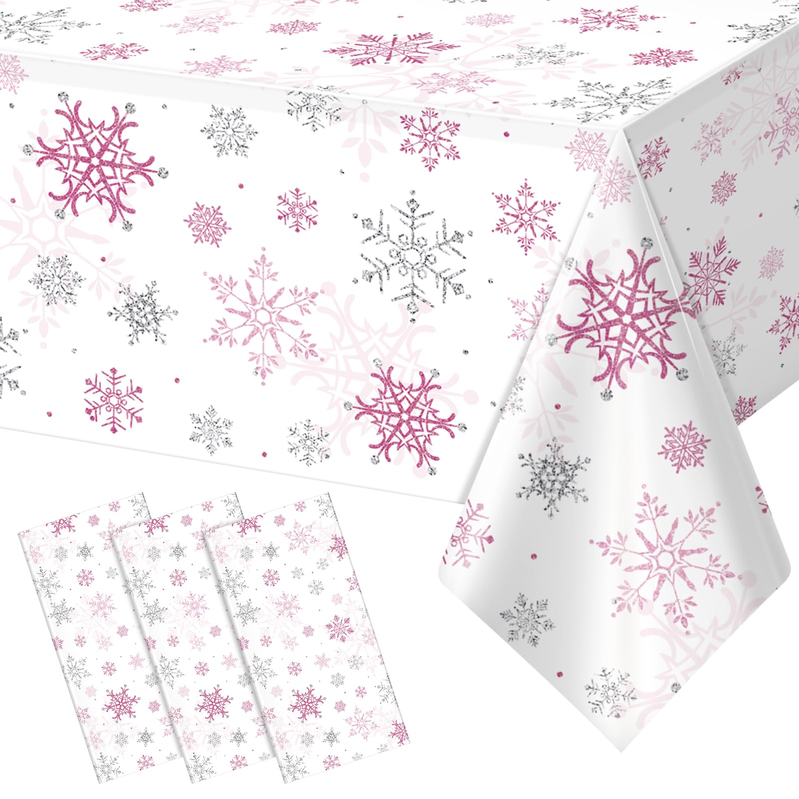 3 Pcs Christmas Snowflake Party Tablecloths Decorations,Plastic Pink Winter Onederland Rectangle Table Cover for Christmas New Y