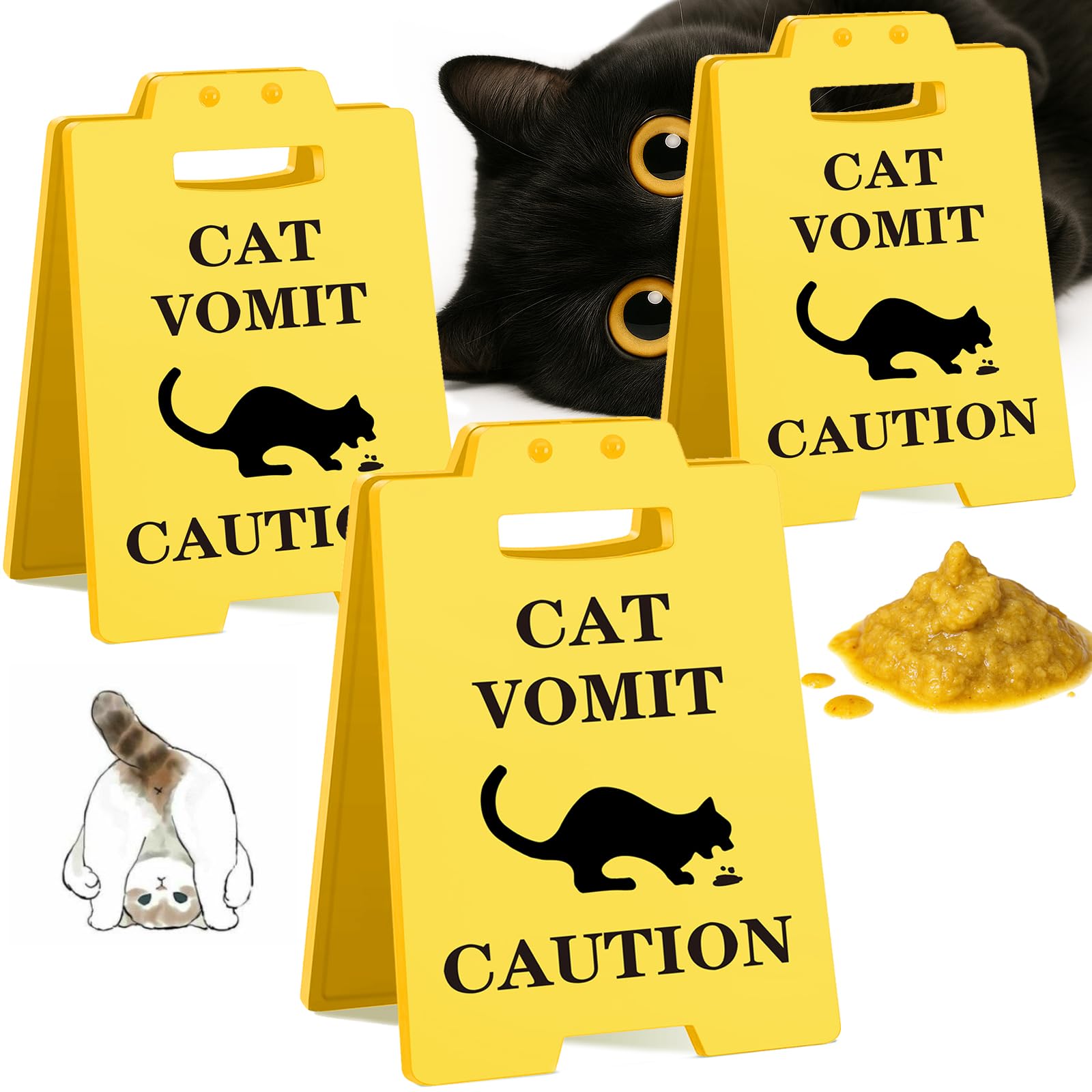 Funny Cat Vomit Caution Signs - 3 Pack Humorous Double-Sided Printing Desk Decor, Ideal Gag Gifts for Pet Owners & Cat Fans, Hil