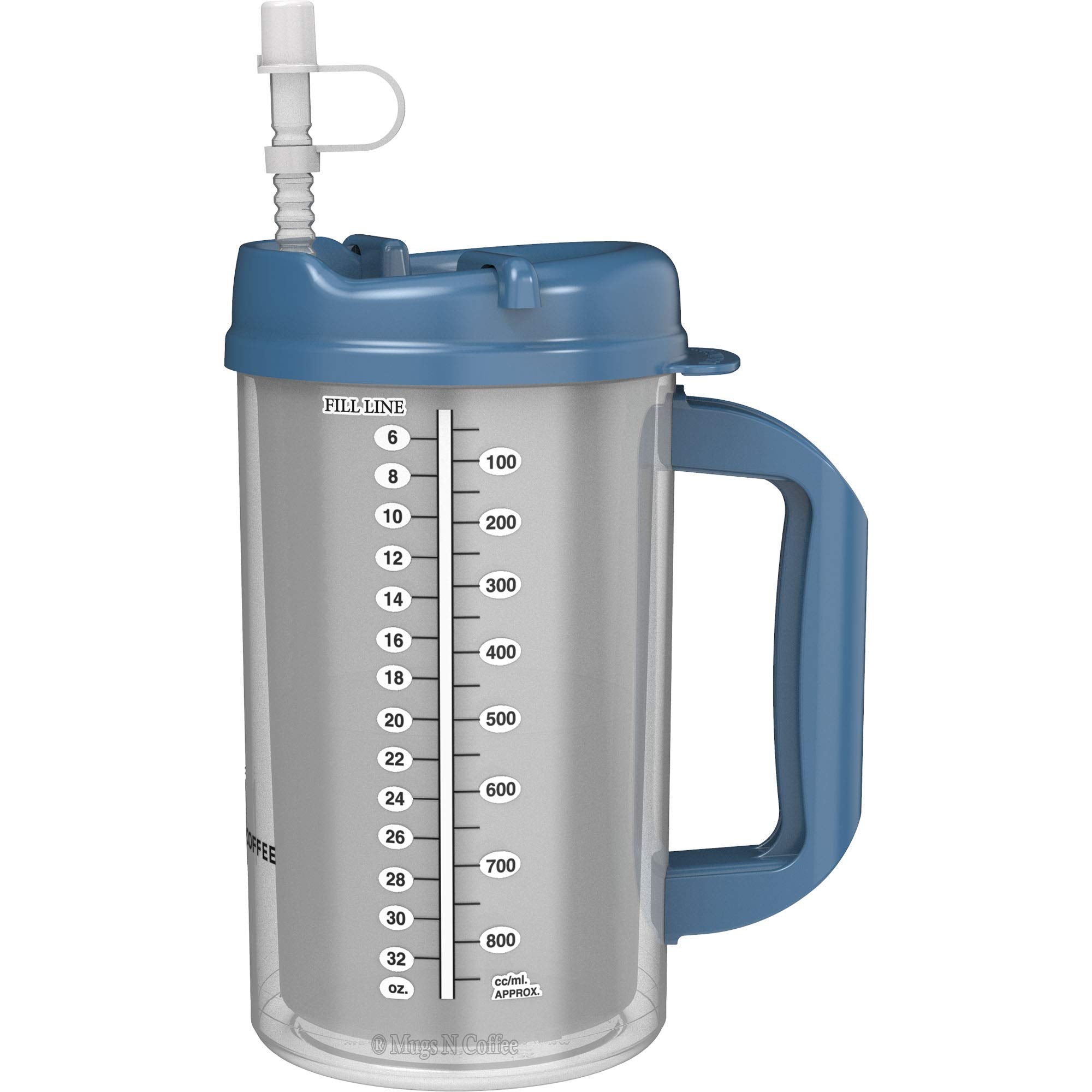 Mugs N Coffee 32 oz Double Walled Hospital Mug with Straw - Pearl Blue Lid and Handle