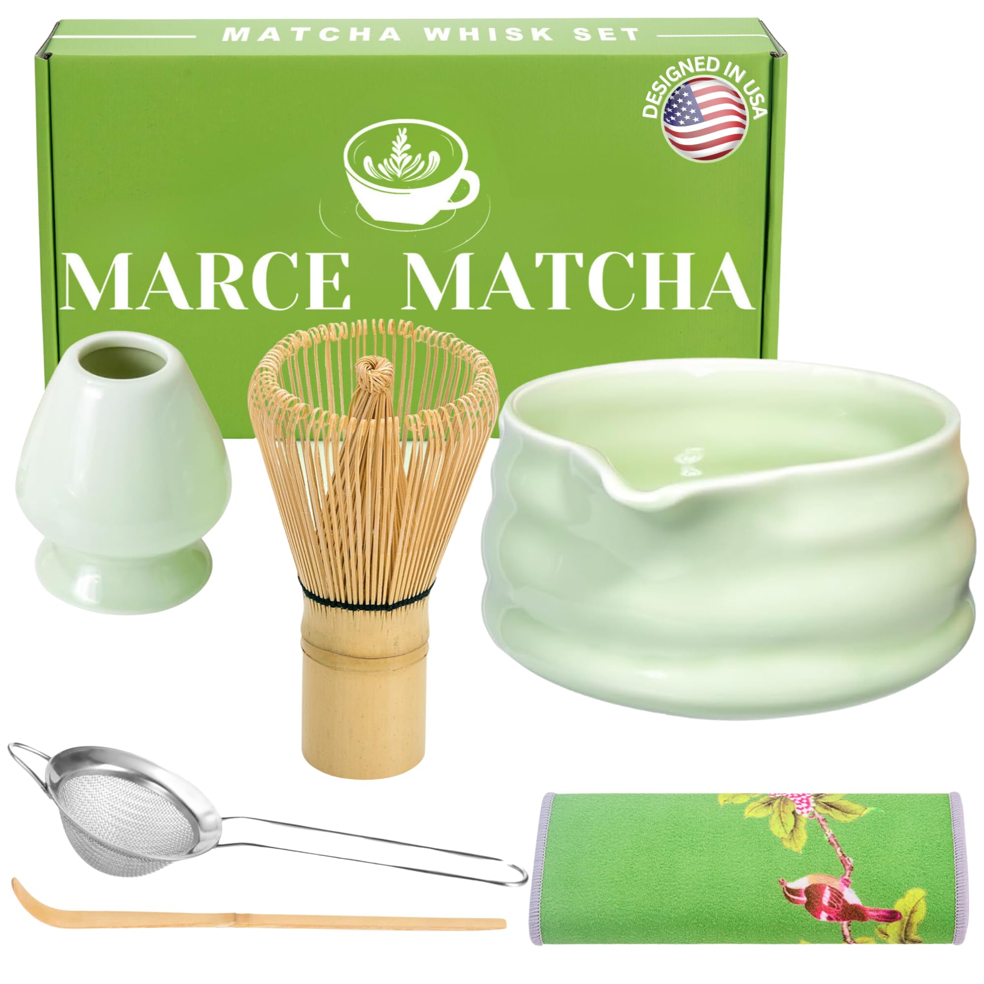 Marce Matcha Whisk Set- Matcha Bowl With Spout, Matcha Whisk, Matcha Sifter, Matcha Whisk Holder, Matcha Spoon- The Perfect Matc