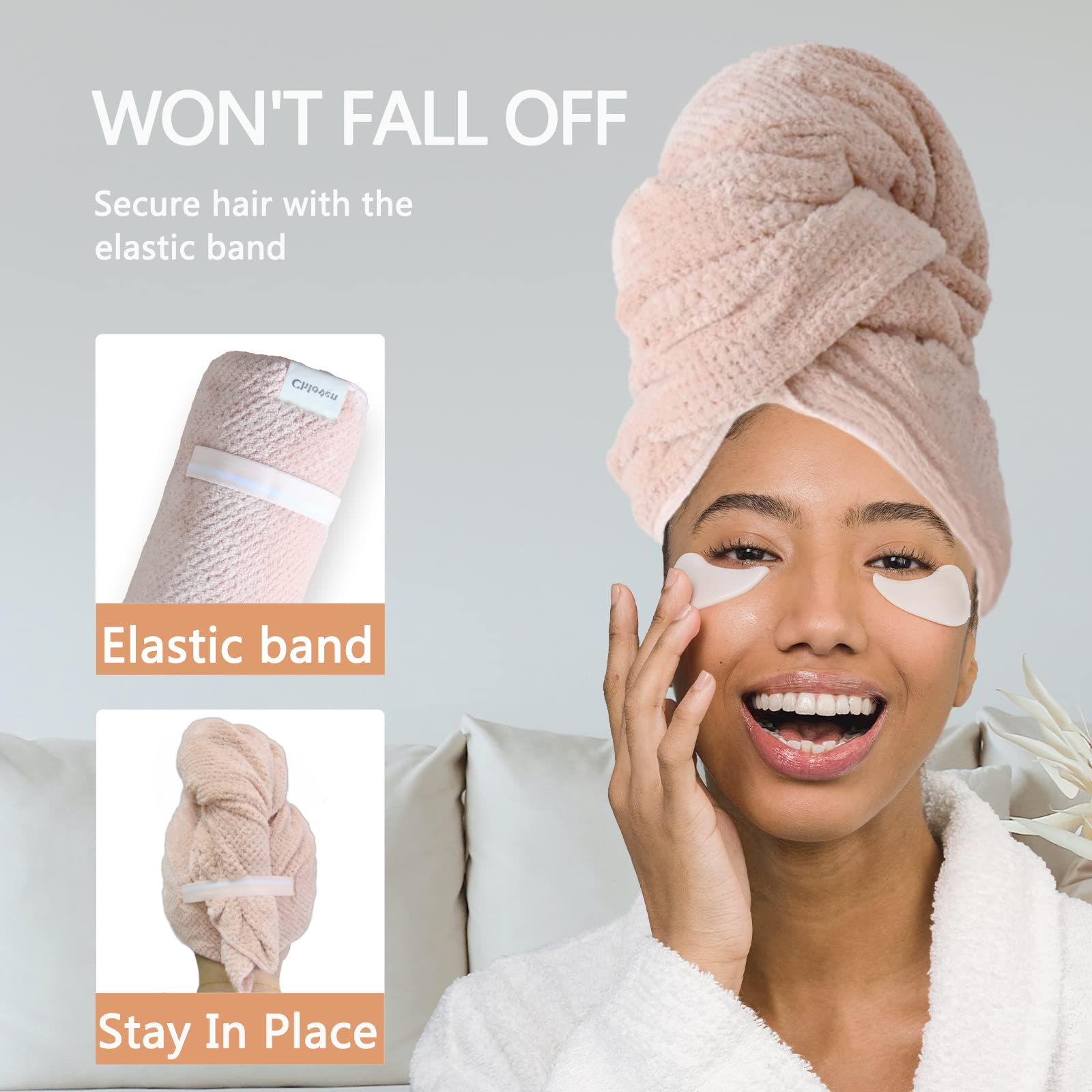 Chloven jumbo large Microfiber Hair Towel Wrap for Women,Anti Frizz Hair Drying Towel with Elastic Strap,Super Absorbent,Ultra-S