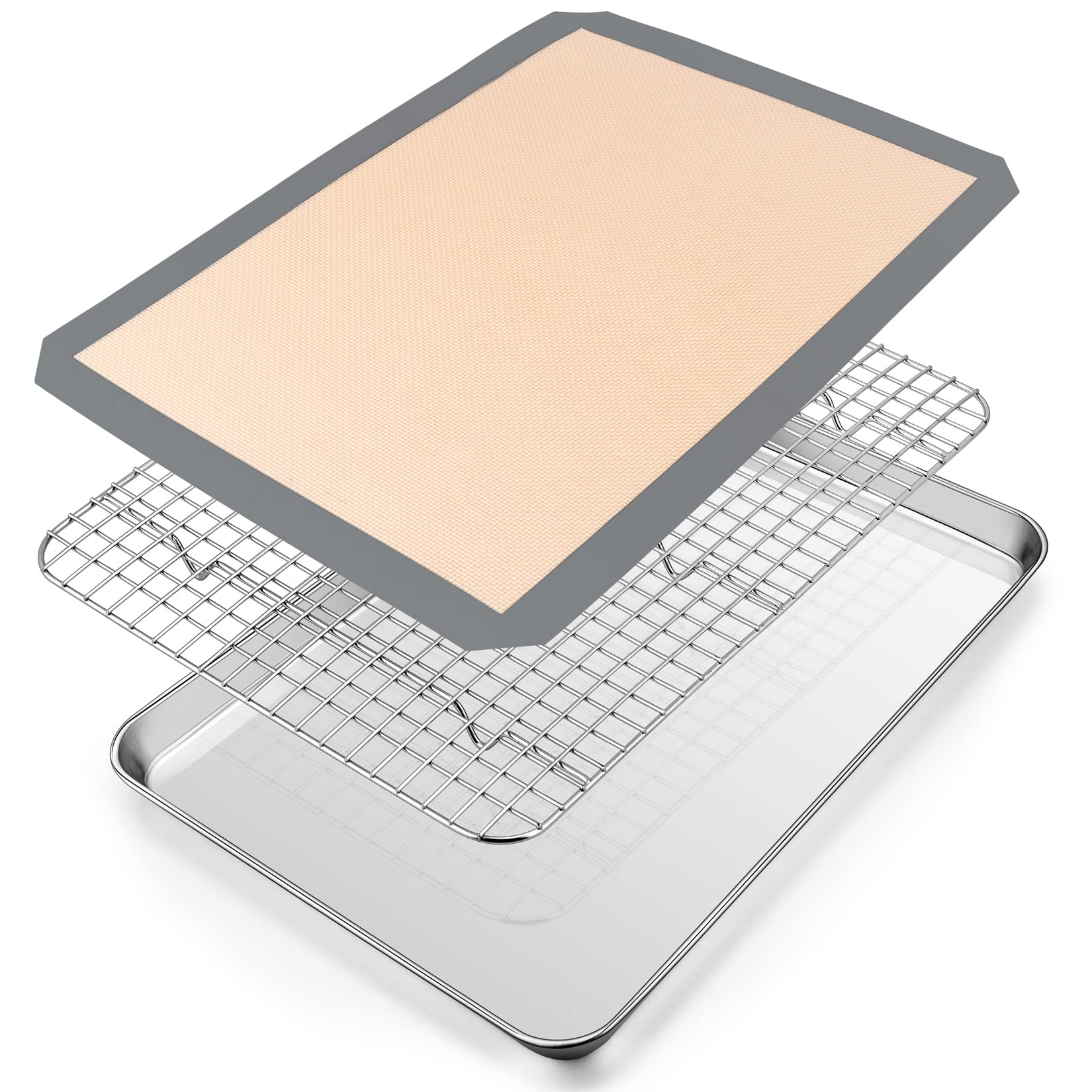 16 Inch Stainless Steel Baking Sheet With Grid Rack And Silicone Baking Mat Set, P&P Chef Baking Pan Tray With Cooling Rack, 3 P