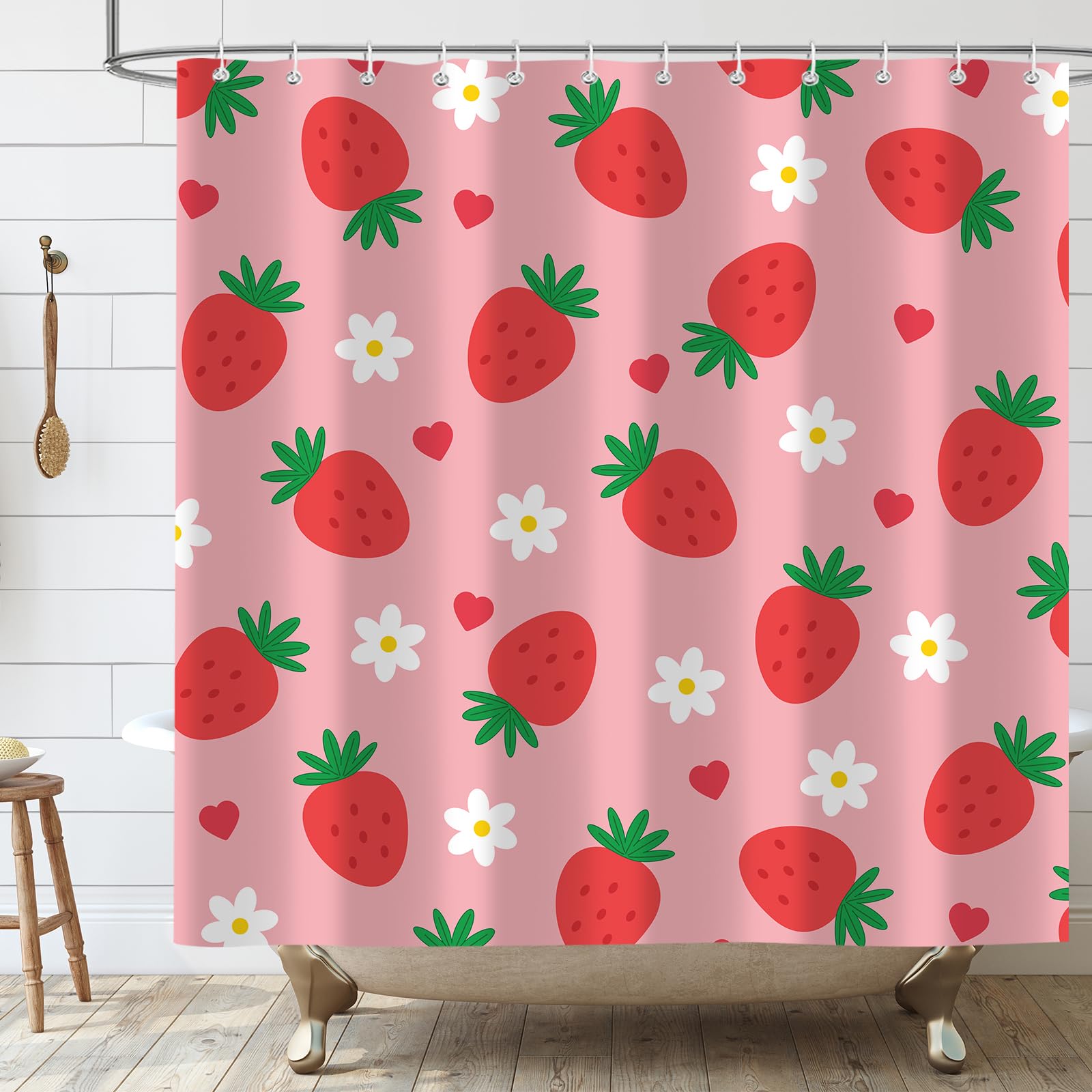 Itapnoom Strawberry Shower Curtain, Pink Lovely Heart Daisy Bath Curtain Decor, For Girl Kid Red Fruit Flora Polyester Fabric Wa