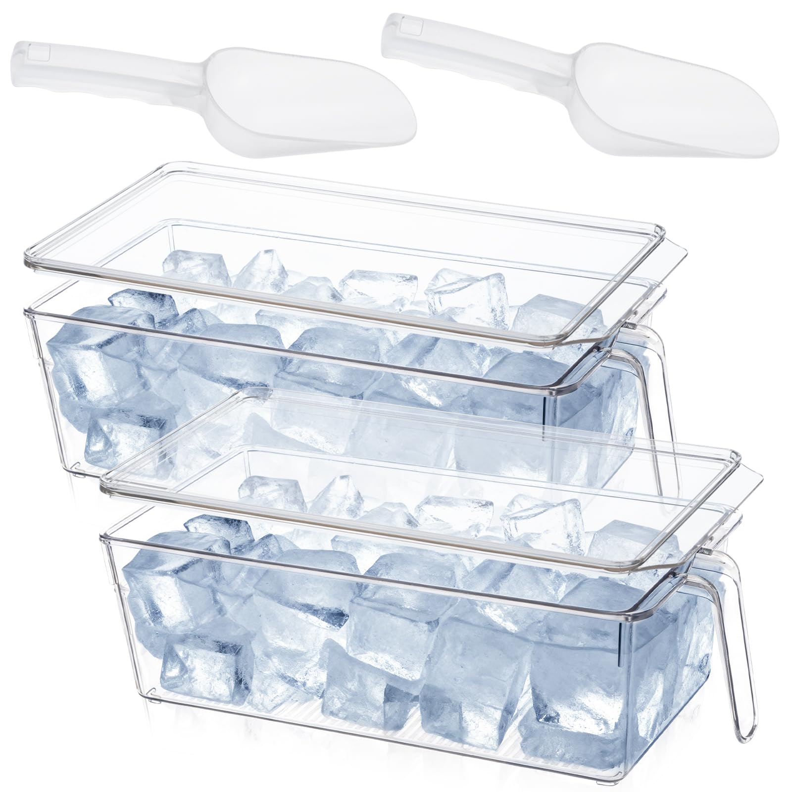 2 Set Ice Storage Bins for Freezer with Lid and Flexible Scoop, Transparent Plastic Ice Container with PullOut Handle Kitchen F
