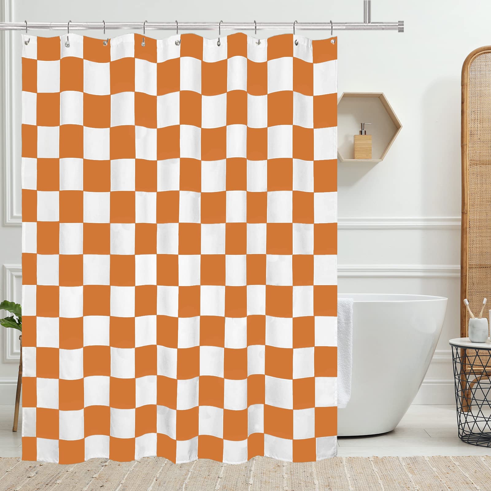 Tititex Aesthetic Checkerboard Grid Pattern Shower Curtain, White Orange Vibrant Modern Shower Curtain Sets Decoration 71X71 Inc