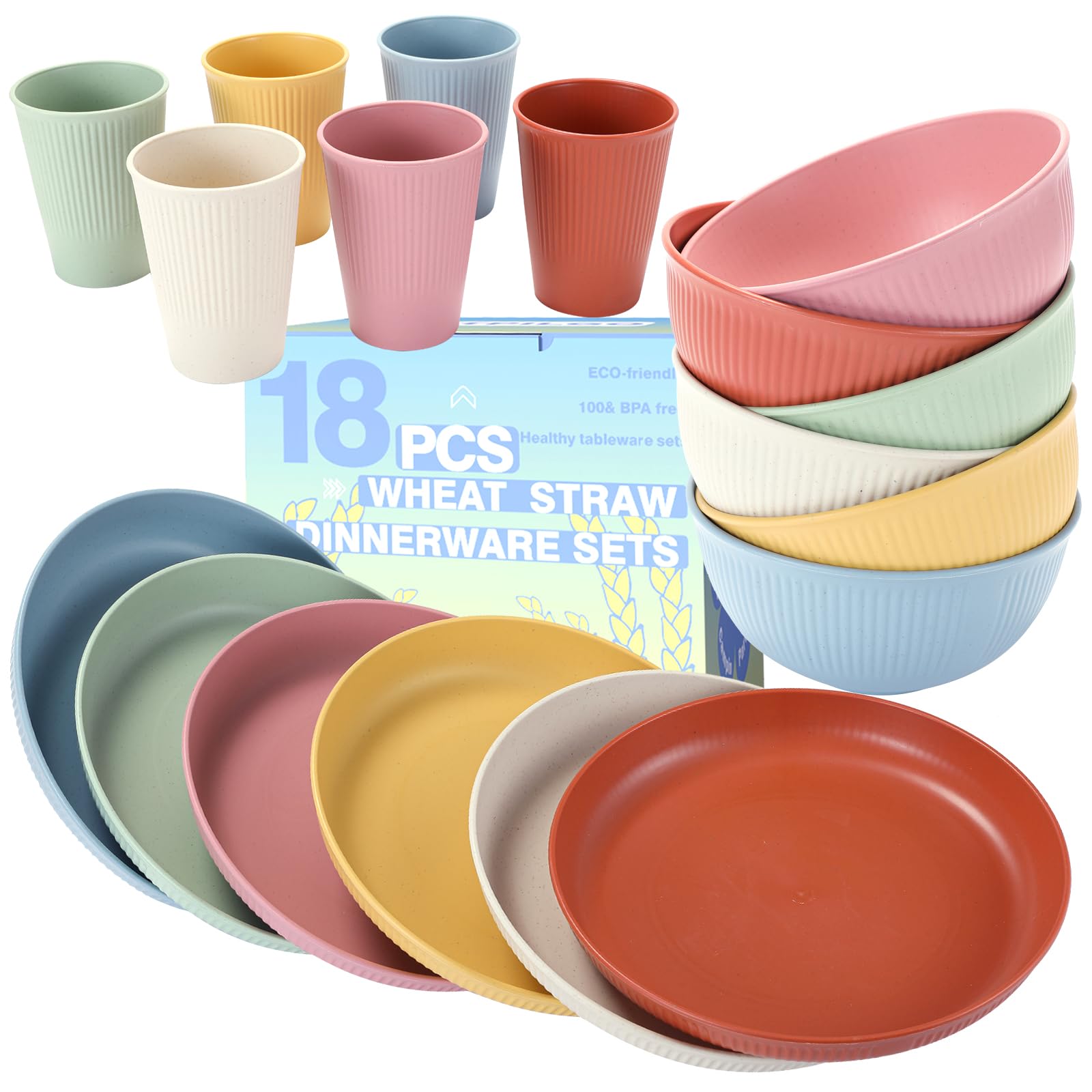 18PCS Wheat Straw Dinnerware Sets Unbreakable Reusable Dinnerware Set for 6, Microwave Dishwasher Safe Dinnerware Dinner Outdoor