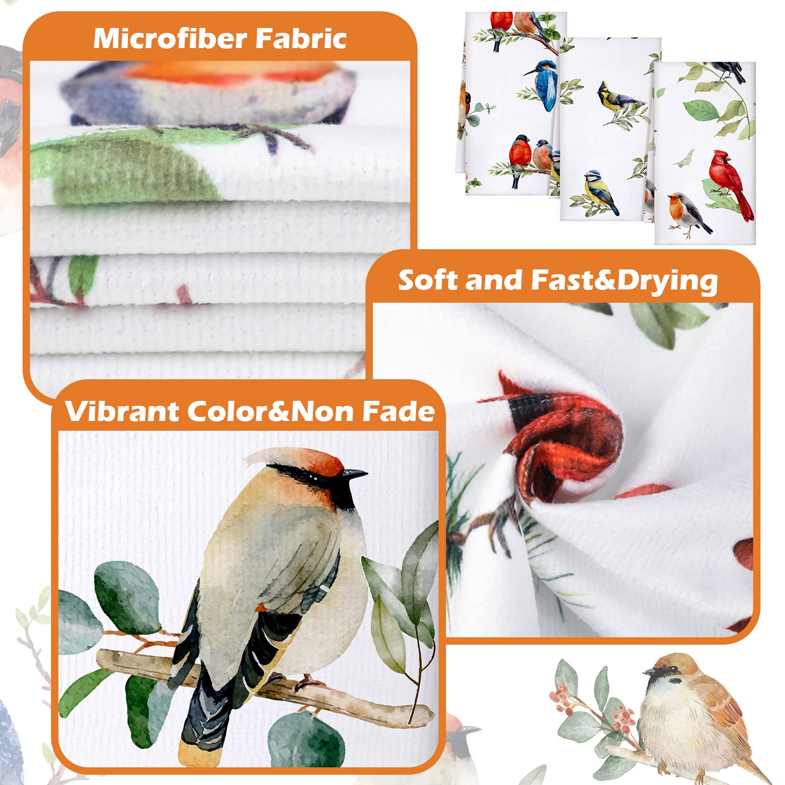Set of 6 Birds Kitchen Towels Hummingbird Tea Towels Absorbent Dish Towels Birds on Branch 24 x 16 Inches Kitchen Gifts Cardinal