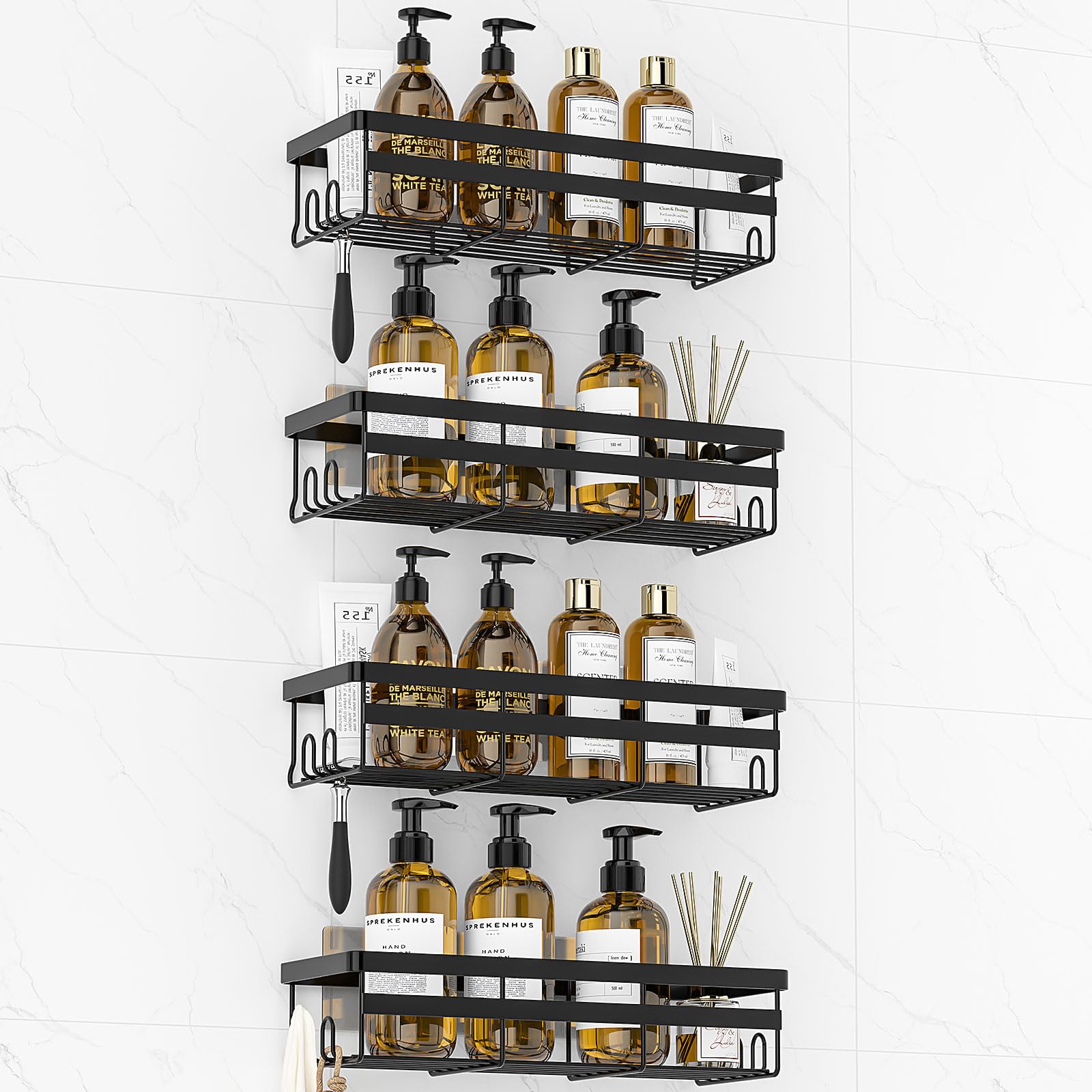 Wowbox Shower Caddies 4 Pack - Adhesive Hanging Shower Shelf - Bathroom Organizers And Storage, No Drilling Stainless Shower She