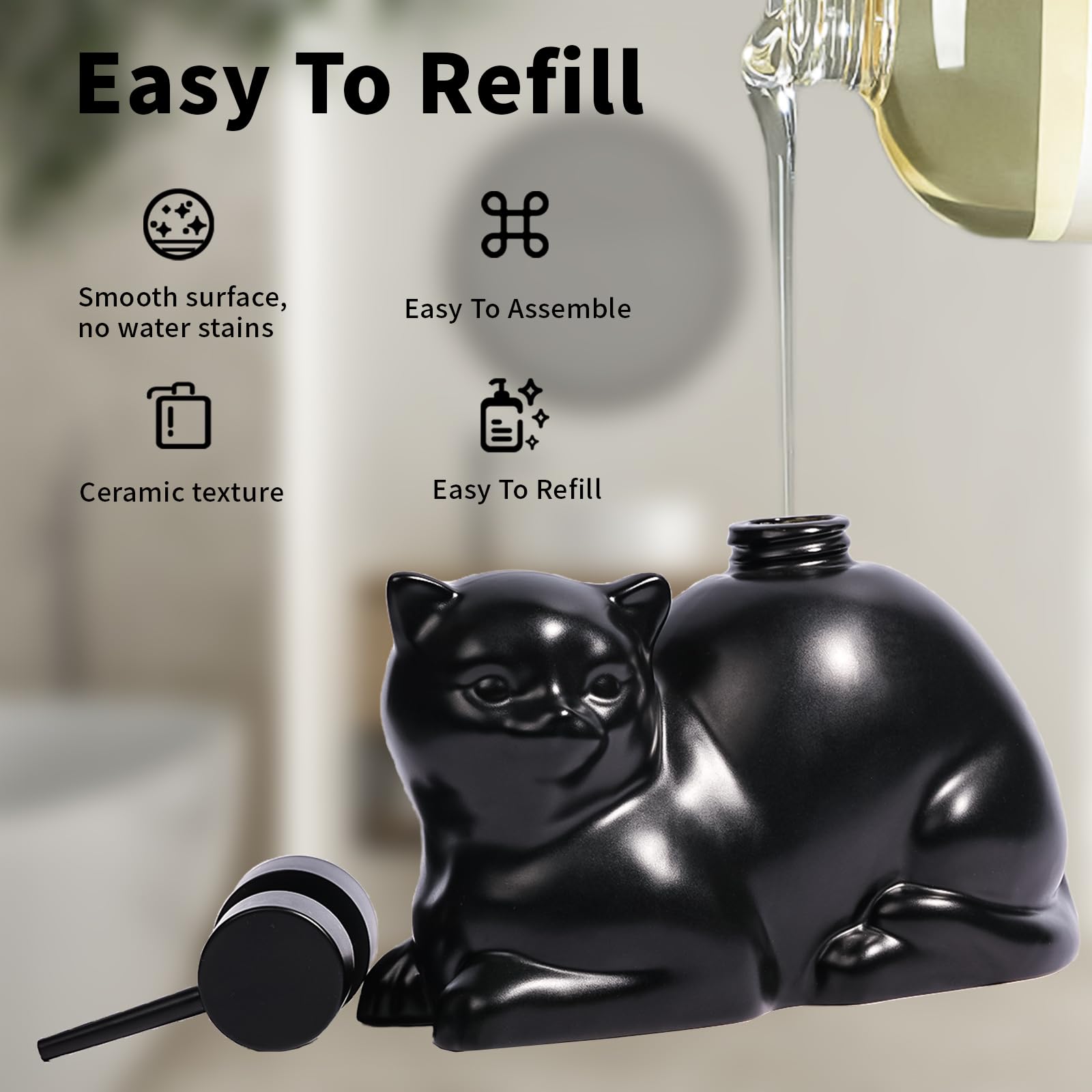 Amaauto Black Cat Shape Soap Dispenser, Funny Ceramic Soap Dispenser, 15Oz Refillable Essential Oil, Lotion Liquid Hand Soap Dis