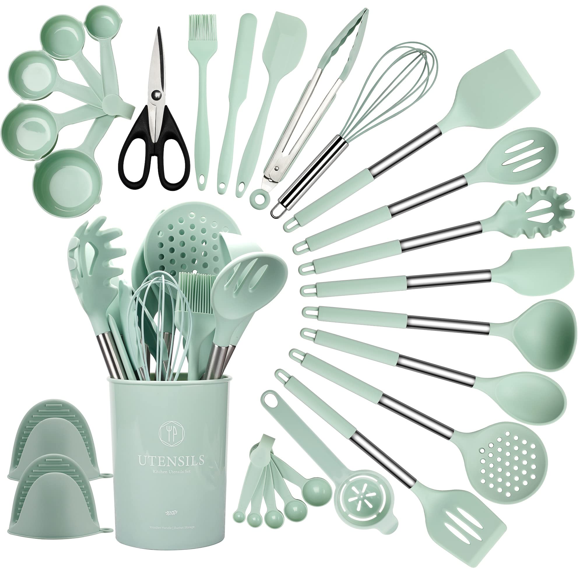 Qmvess Silicone Kitchen Utensil Set, 28 Pcs Non-Stick Cooking Utensils Set With Holder, Tongs, Spatula, Whisk, Measuring Cups An