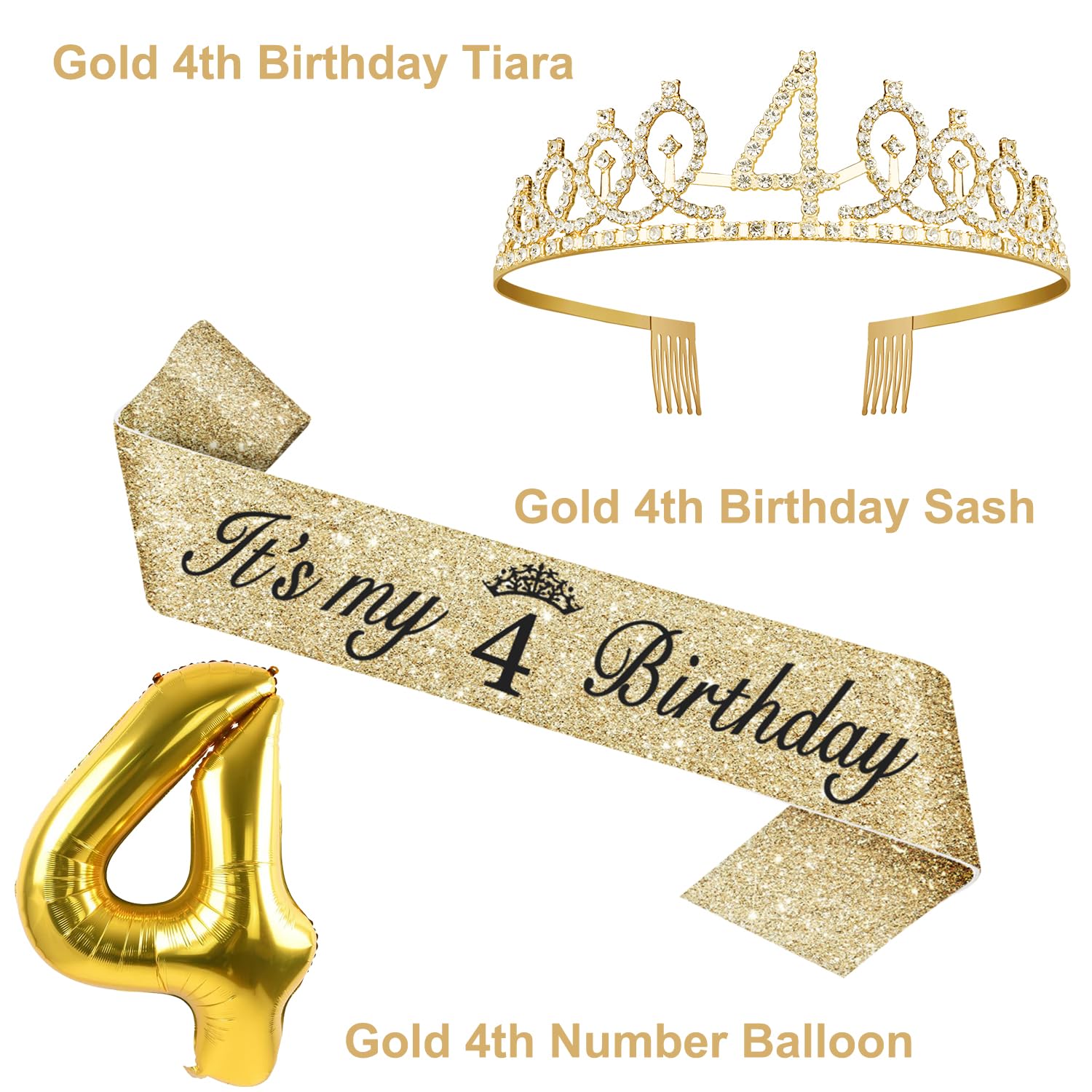 4th Birthday Decorations for Girl with 4th Birthday Sash and Crown, Candle and Cake Topper, Number Balloon, 4 Year Old Girl Gift