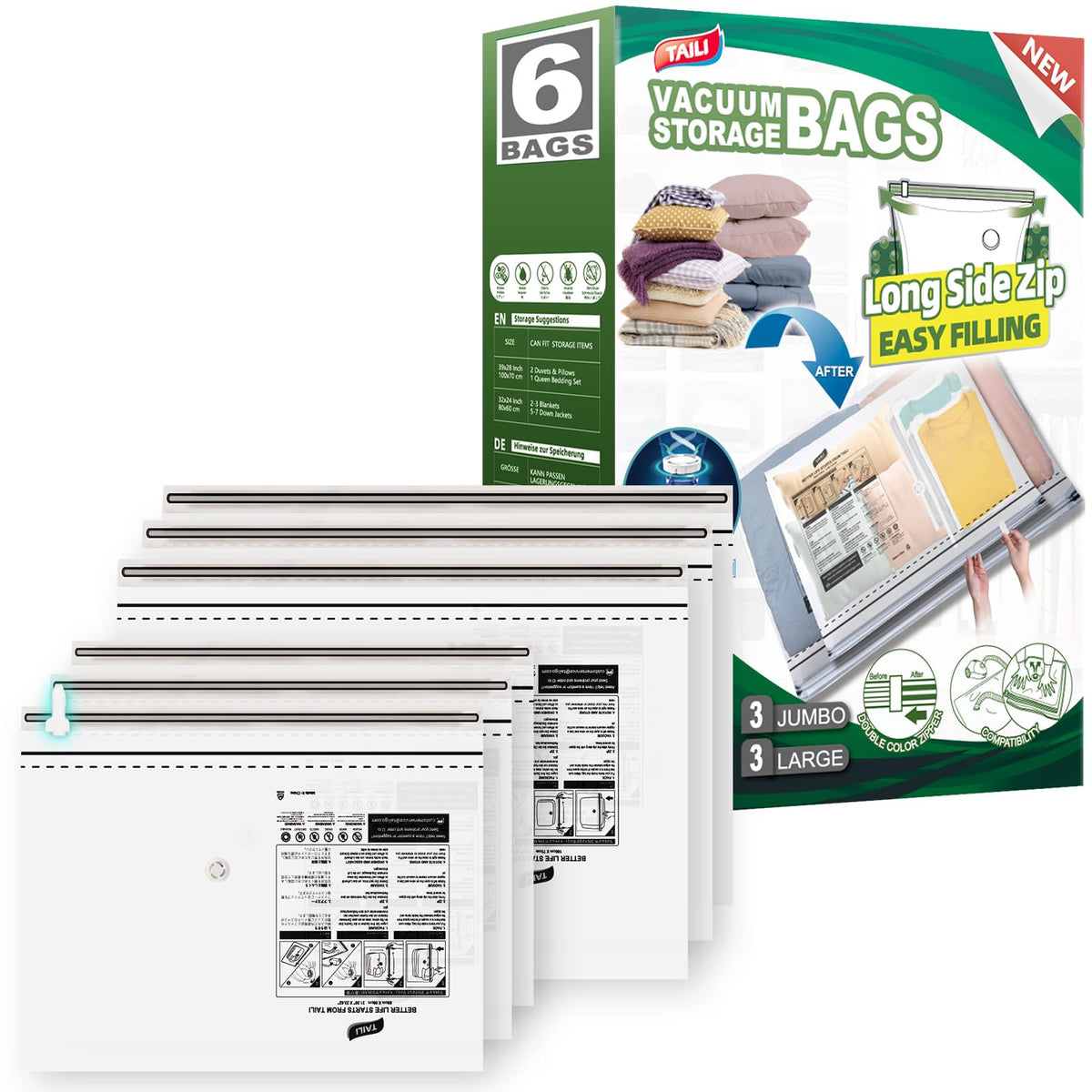 Taili 6 Pack Vacuum Storage Bags, Space Saver Bags (3 Large+3 Extra Large), Multi-Size Space Bags For Full-Size Comforters, Blan