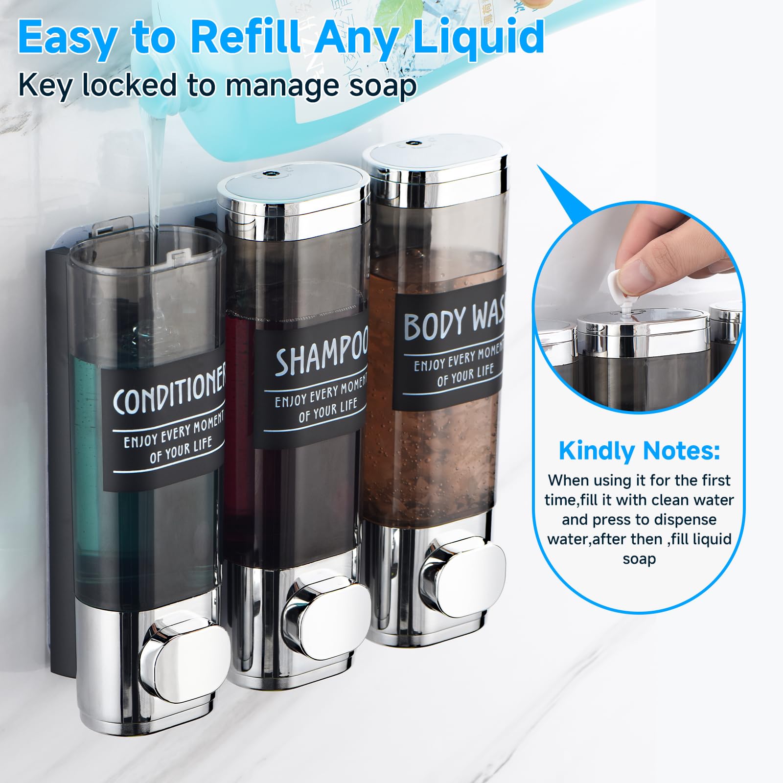 Shampoo And Conditioner Dispenser,Glintgath Shower Dispenser 3 Chamber No Drill Shampoo Dispenser For Shower Wall Mounted Shower