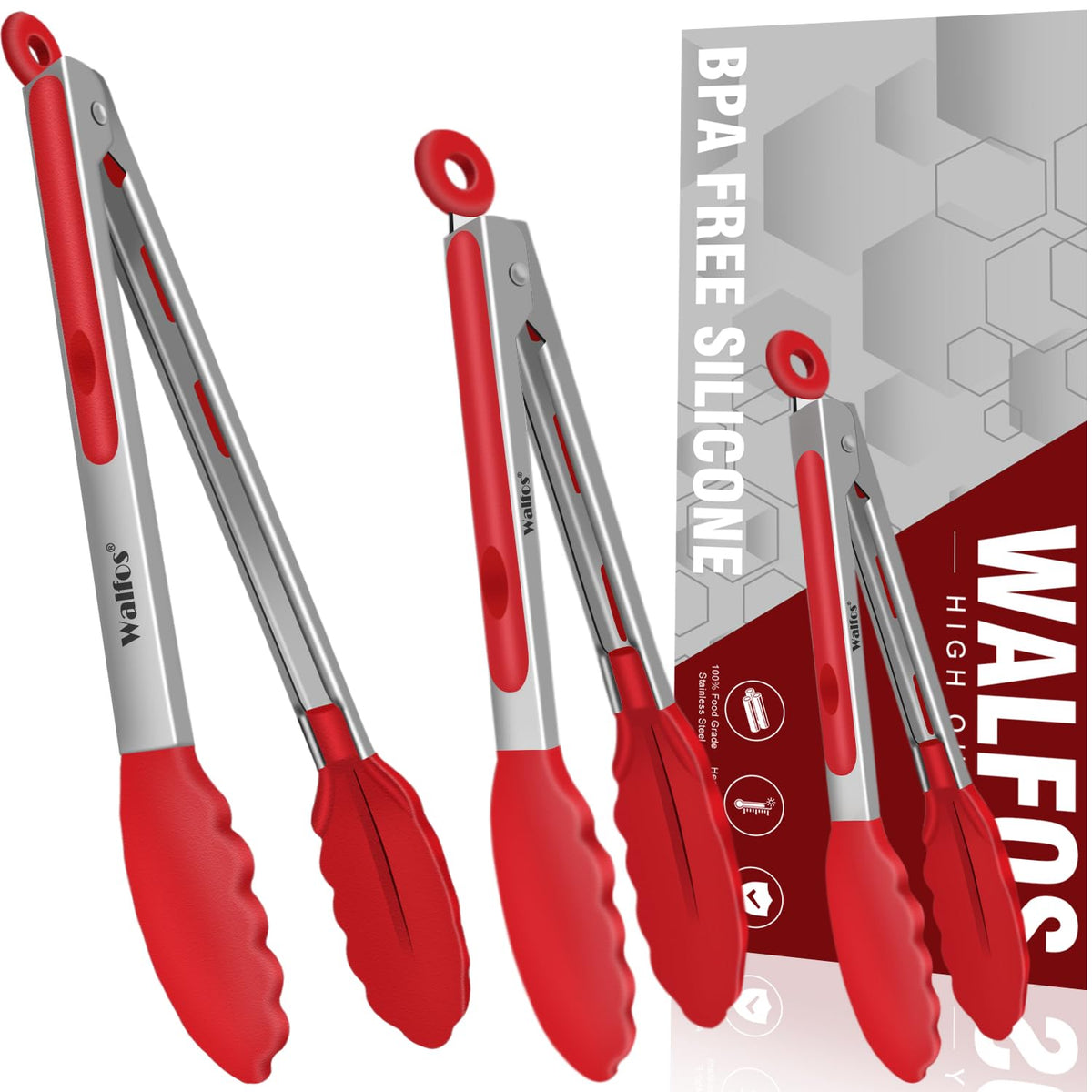 Walfos Kitchen Tongs - 7'' 9'' And 12'' Heat Resistant Cooking Tongs, Stainless Steel And Bpa Free Silicone Tips, Great For Cook