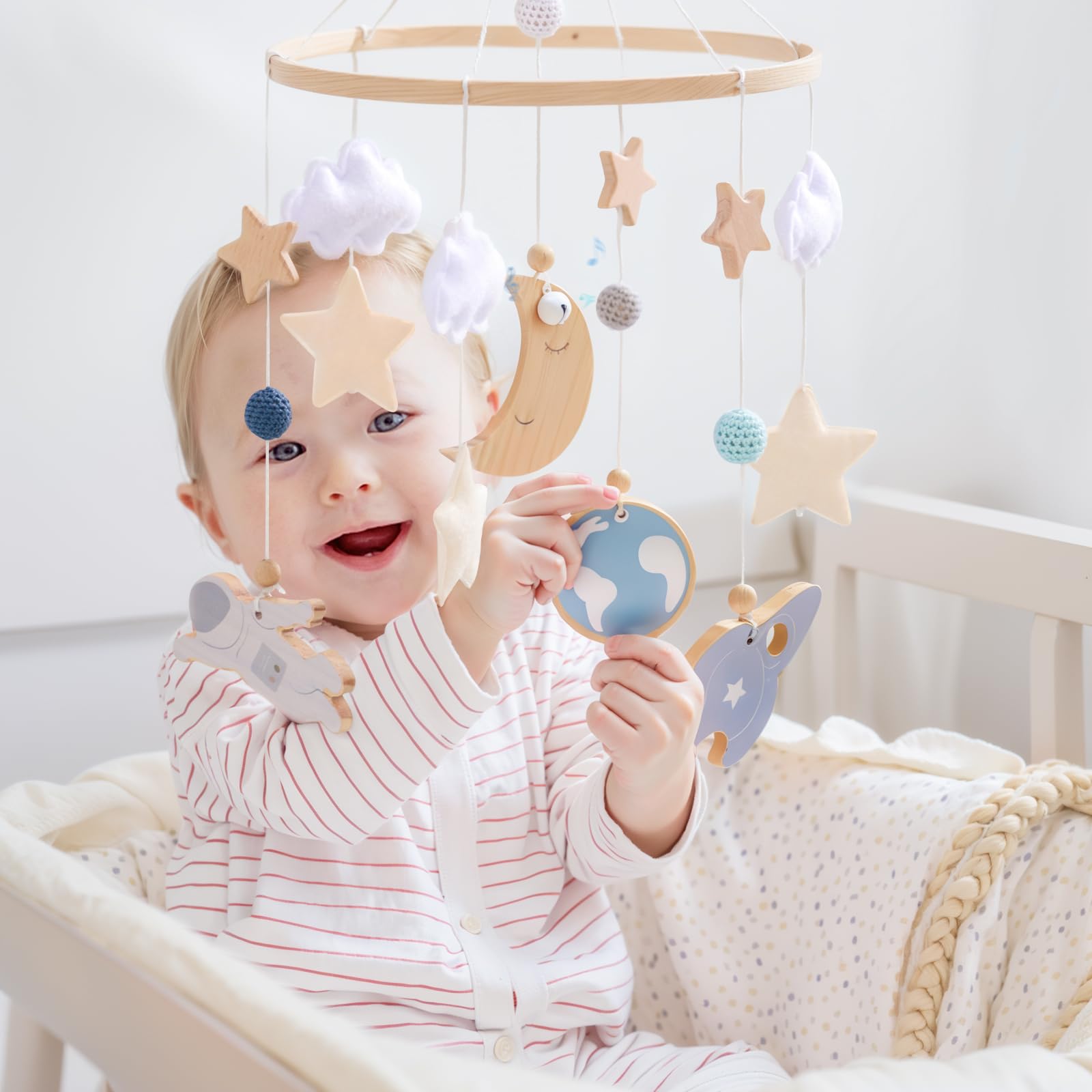 JETMHH Baby Crib Mobile | Space Theme Nursery Mobile | Wooden Mobile for Crib | Astronaut Space Theme Nursery Bed Decoration | G