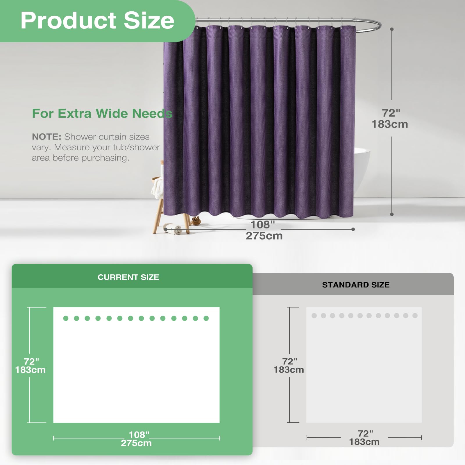 Dynamene Extra Wide Shower Curtain - 108 Inch Wide Waffle Weave Weighted Thick Cloth Bathroom Shower Curtain  Neutral Heavy Duty Hotel Bath Curtain Set with 18 Plastic Hooks 108x72  Purple