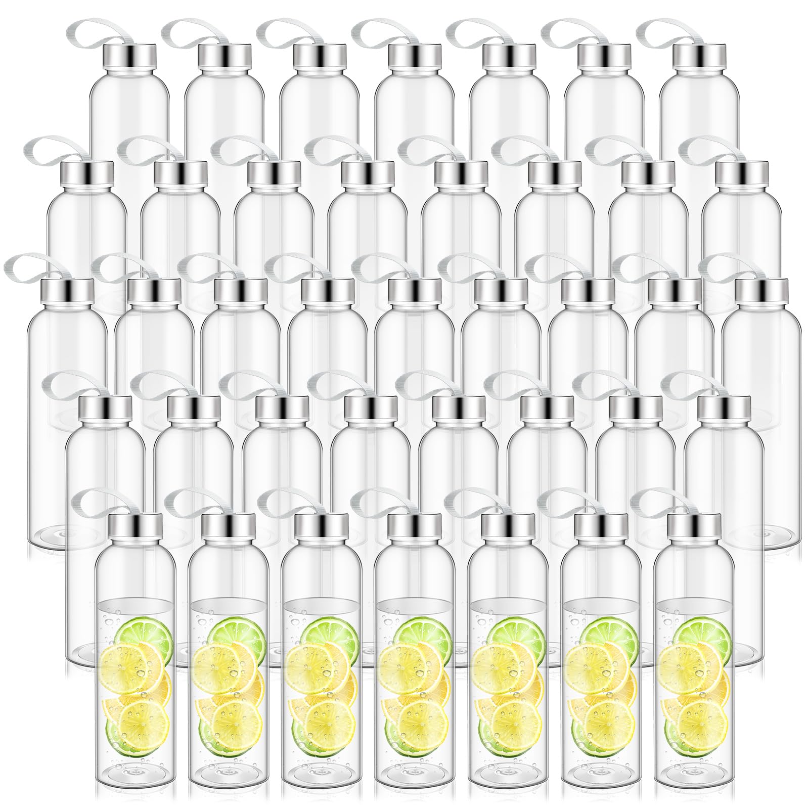 Zubebe 80 Pcs 17 oz Clear Water Bottles Bulk Reusable Juice Bottles with Stainless Steel Leak Proof Lids Nylon Carrying Strap Pl