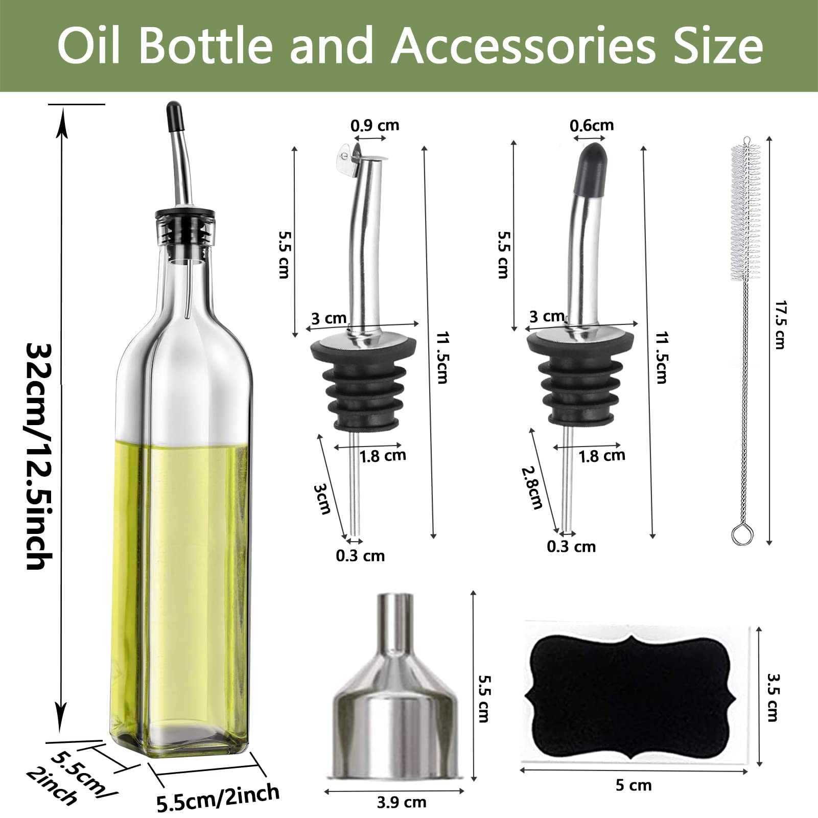 Leaflai Olive Oil Dispenser Set, 2 Glass Bottles, 500ml, Includes 2 Pourers, Labels, Brush, Funnel, Transparent