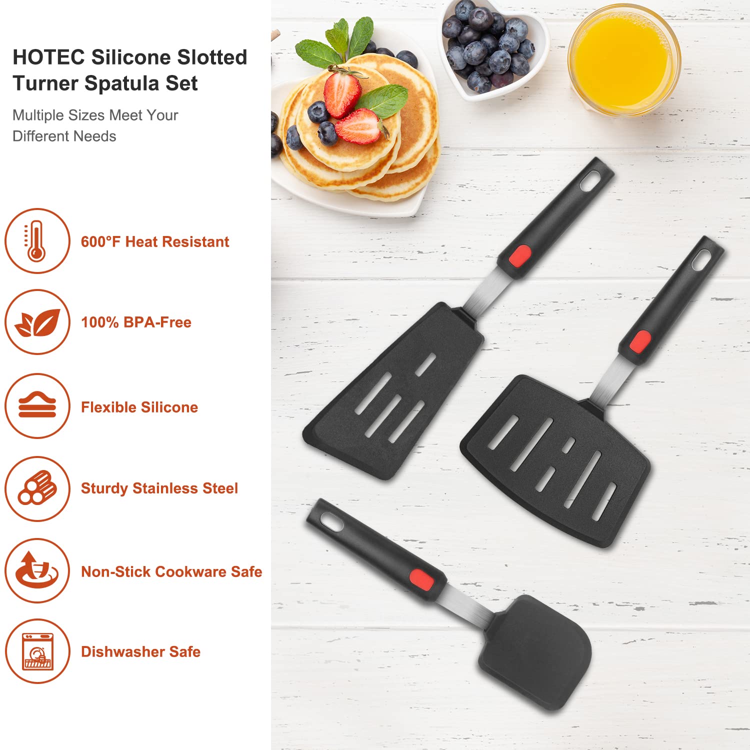 Hotec Silicone Spatula Turner For Nonstick Cookware, Cooking Spatula 600F Heat Resistant Large Flexible Rubber Spatula Set Of 3,