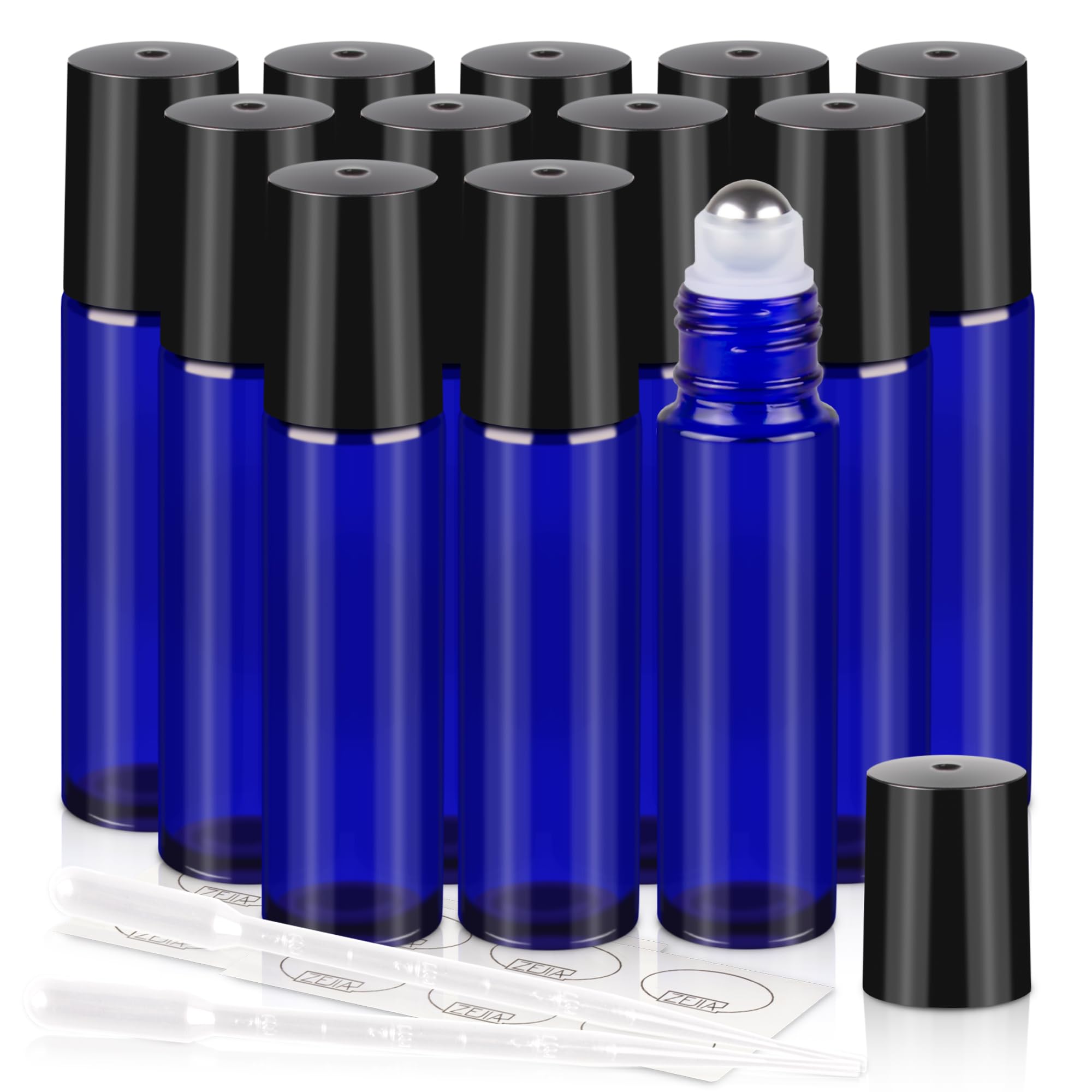 Zejia 10Ml Roller Bottles For Essential Oils, 12 Pack Roll On Bottles, Cobalt Blue Thick Glass Roller Bottles For Oils, With Sta