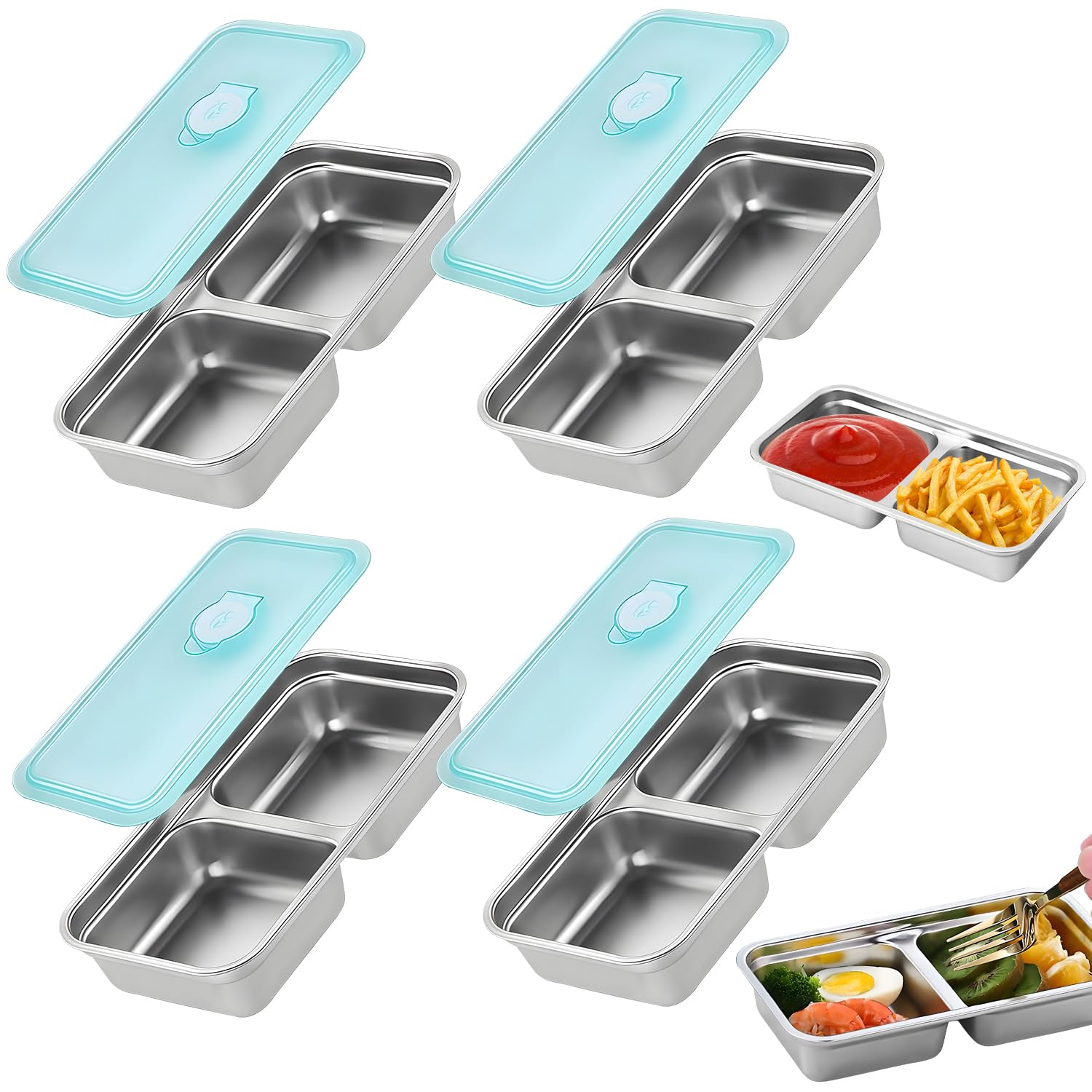 Marojeif Grab And Go Snack Containers, Stainless Steel Double Compartment Snack Containers With Lids, Reusable Condiment Contain