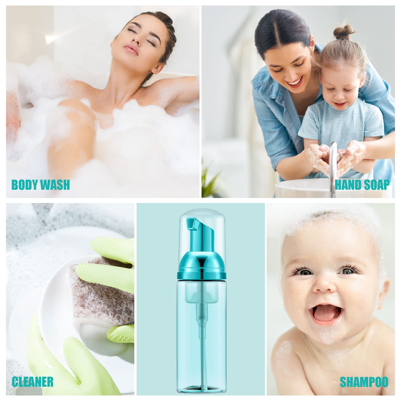 Lil Ray 2 Oz Empty Clear Blue Foam Pump Bottle, Travel Foamer Soap Dispenser For Lash Shampoo, Hand Soap, Foaming Cleaner(Blue P