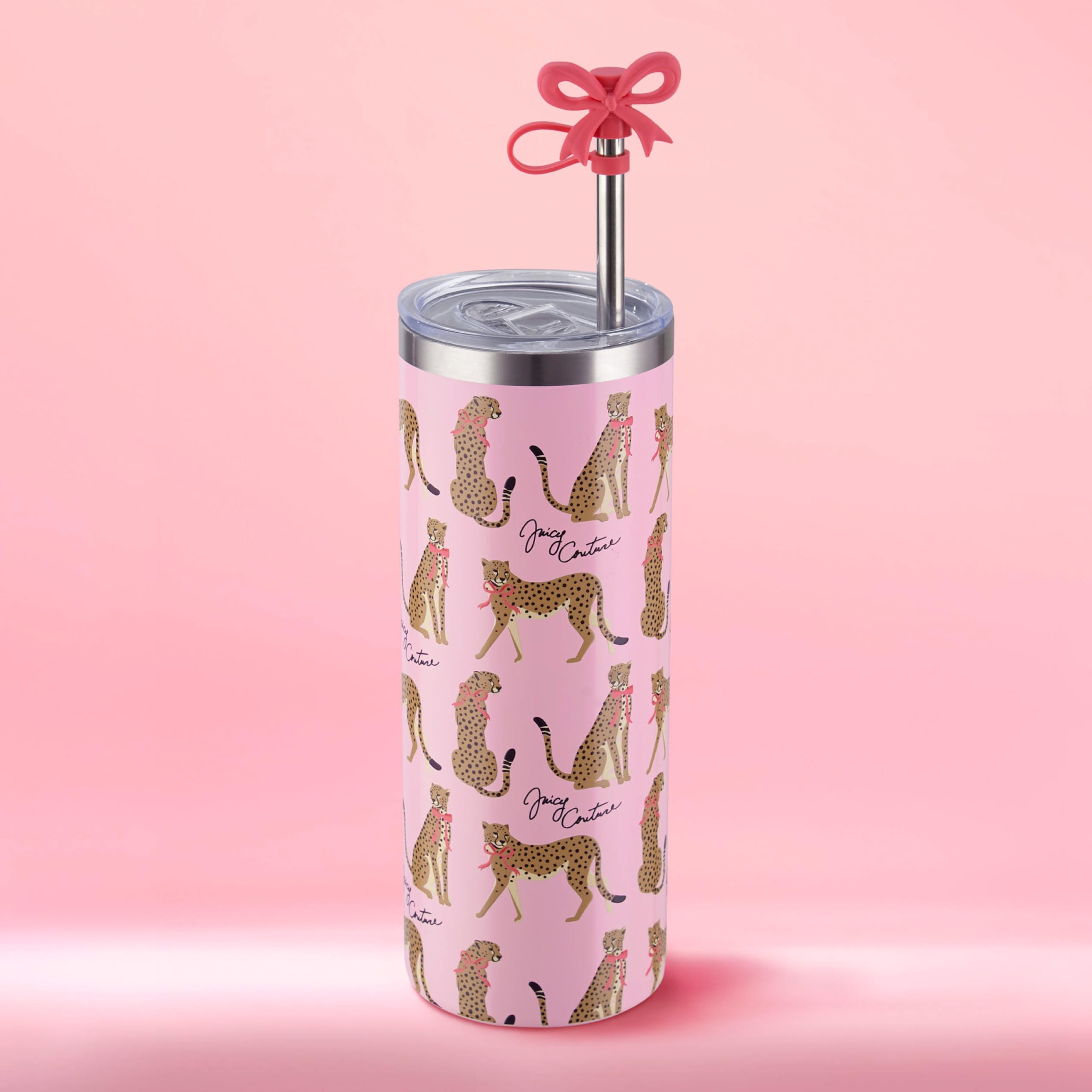 Juicy Couture Glam Slip 24oz Stainless Steel Hydration Tumbler with Straw Topper, Pink Cheetahs