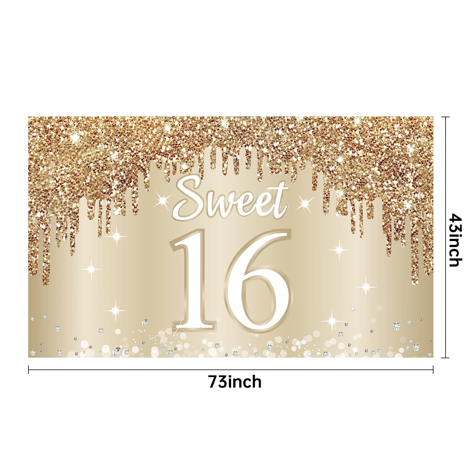 Happy Sweet 16Th Birthday Banner Backdrop Decorations For Girls, Gold White Sweet 16 Birthday Sign Party Supplies, Sixteen Year