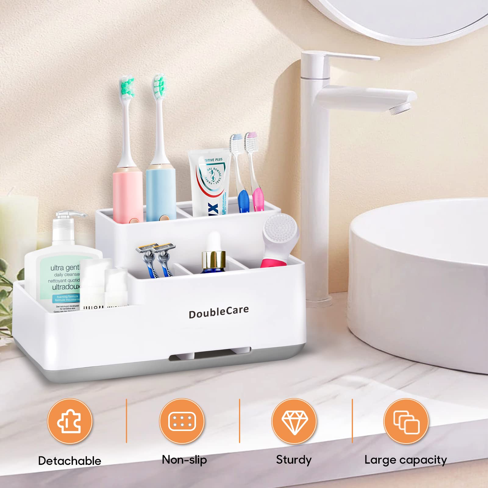 Toothbrush Holder with Anti-Slip Bathroom Organizer Countertop Detachable for Easy Cleaning  Multifunctional Storage Bathroom Caddy for Toothpaste Shaver Great for Home  Vanity Organizer  Office