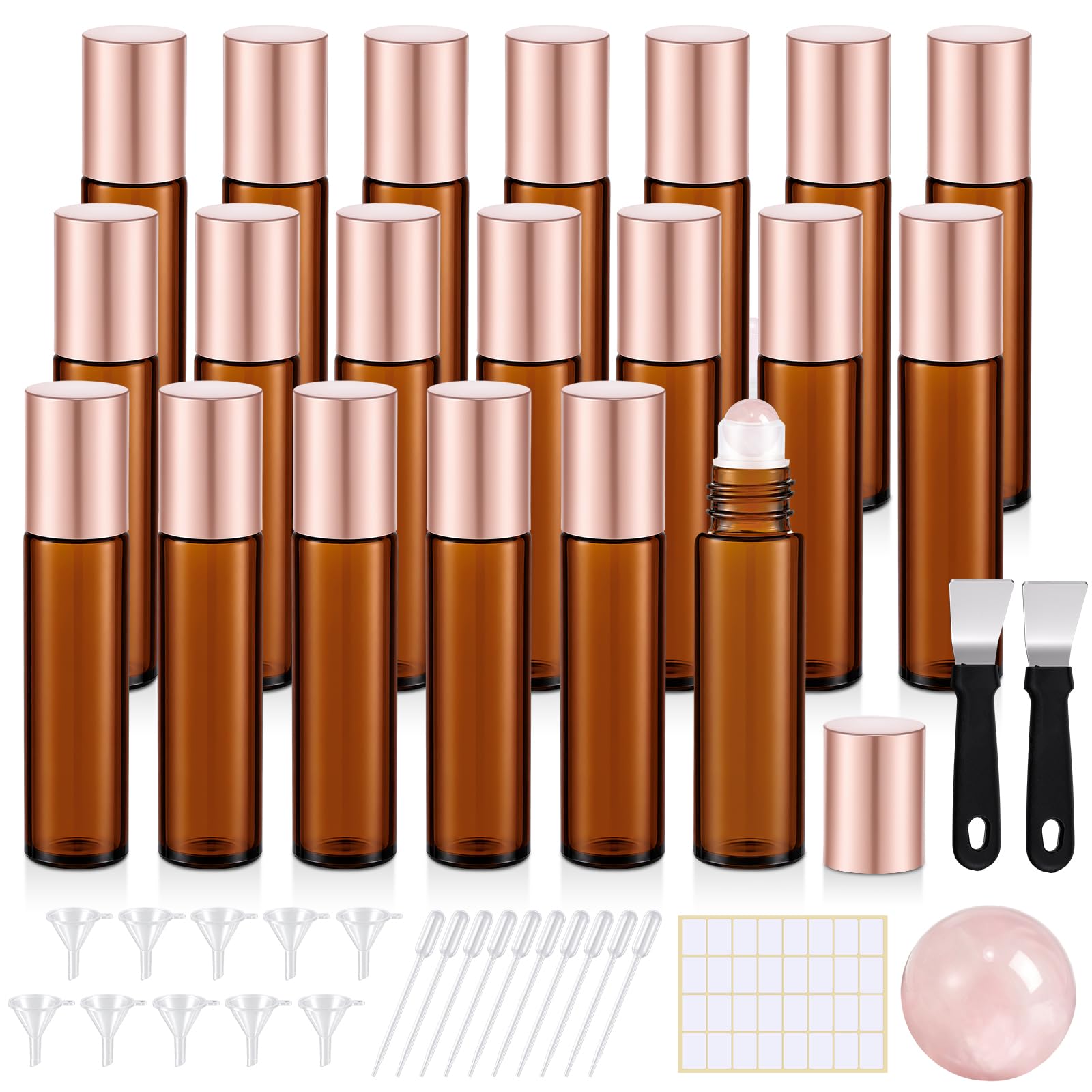 20 Pack Glass Roller Bottles for Essential Oils, 10ml, Pink, Rose Quartz