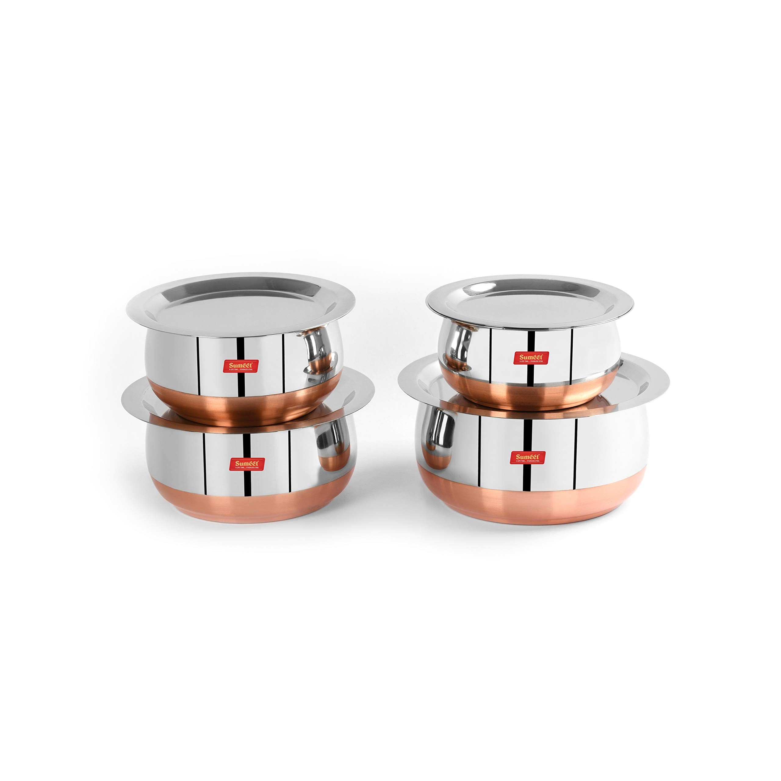 Sumeet Stainless Steel Copper Bottom Belly Shape 4 Pc Tope Cookware Pot Set with Lid 380ML  500ML  780ML  1.1Ltr  (Silver)
