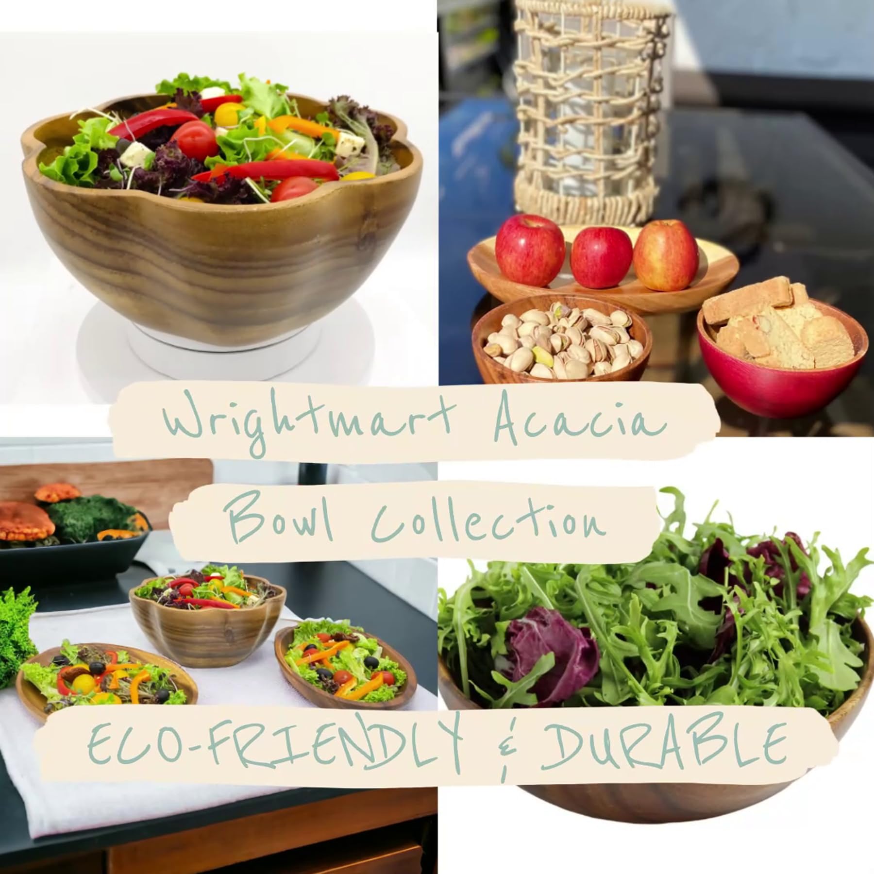 Wrightmart Wooden Acacia Round Bowl Set, 7'' Diameter, Ideal For Serving Food, Salads, Fruits - Perfect For Kitchen, Dining, Or