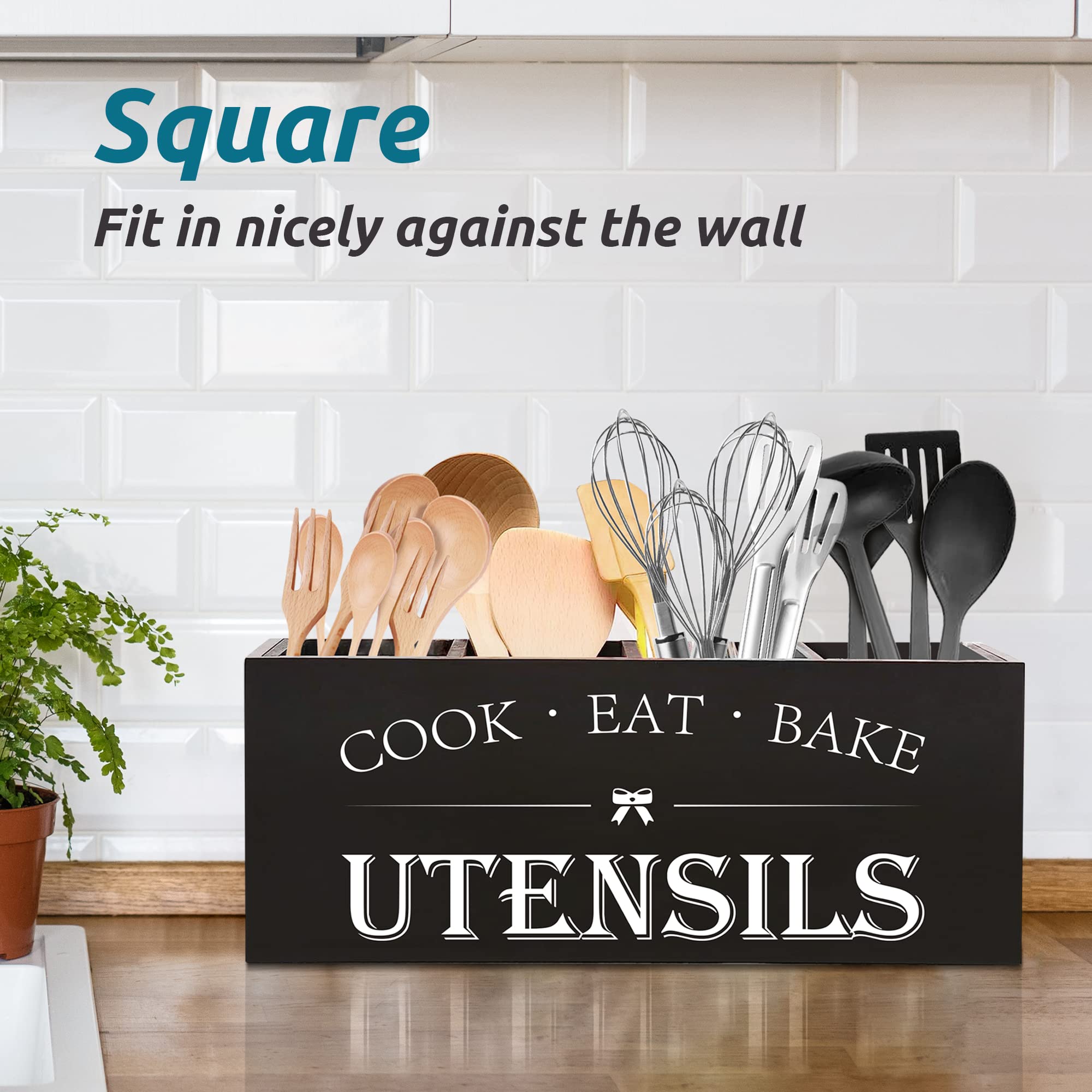 Suli Extra Large Kitchen Utensils Holder With 4 Compartments, Wooden Utensil Organizer For Kitchen Countertop, Farmhouse Kitchen