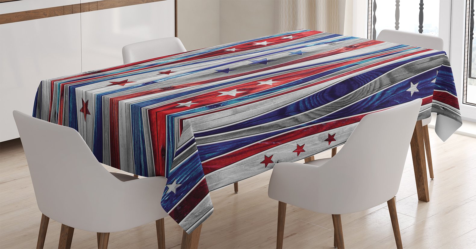 Ambesonne Rustic Tablecloth, Digital American Flag Colored Wood Stripes With Ornate Star Loyalty Image, Rectangular Table Cover