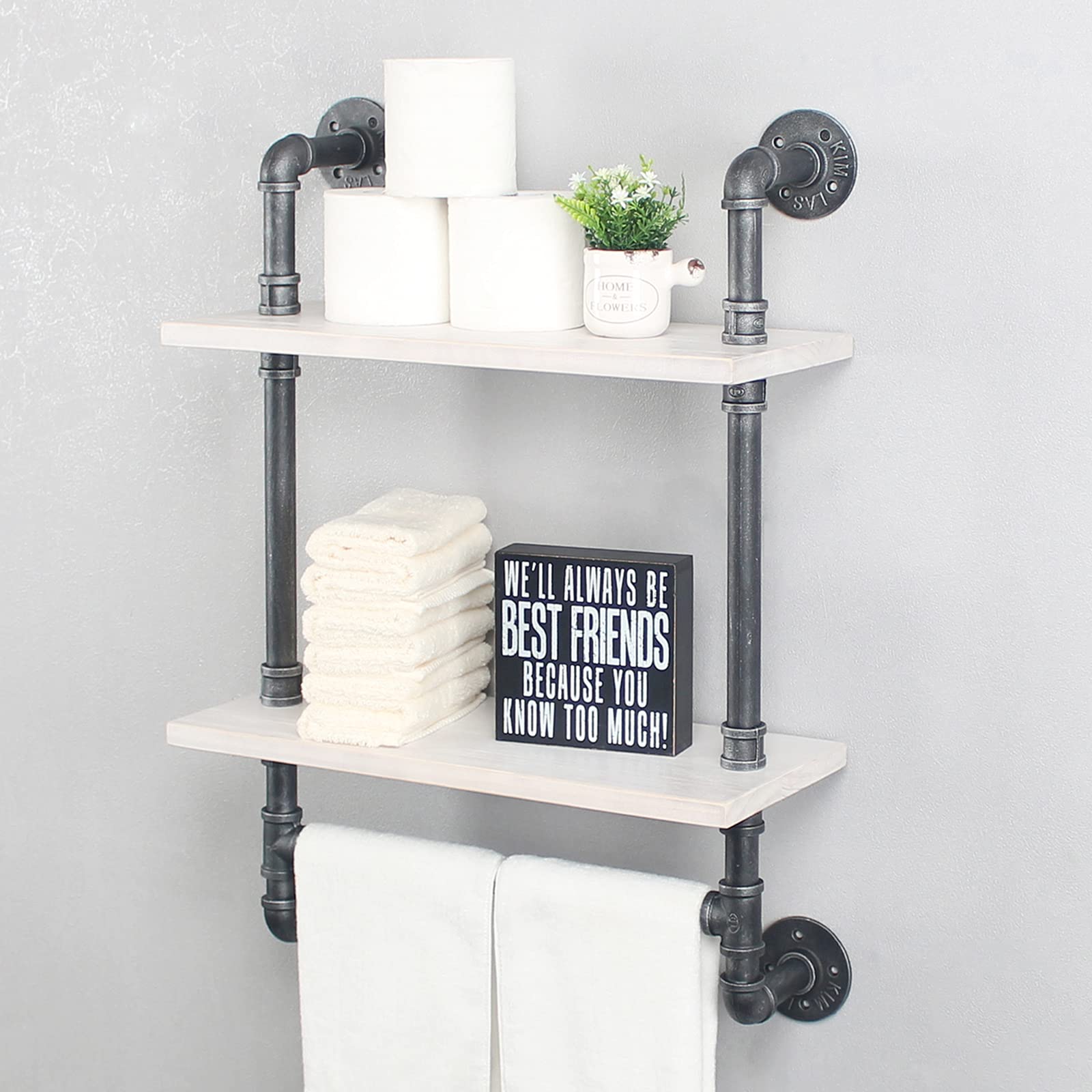 Industrial Pipe Shelf Bathroom Shelves Wall Mounted 19.6in Rustic Wood Shelf with Towel Bar 2 Tier Farmhouse Towel Rack Over Toilet Pipe Shelving Floating Shelves Towel Holder Retro White