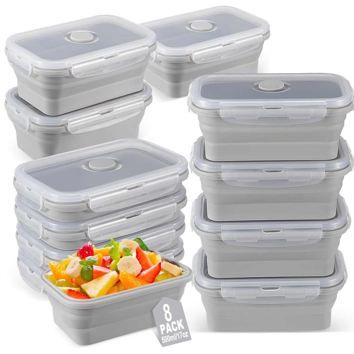 Mifoci Set Of 8 Silicone Collapsible Food Storage Containers 17 Oz Collapsible Meal Prep Container Square Collapsible Bowl With