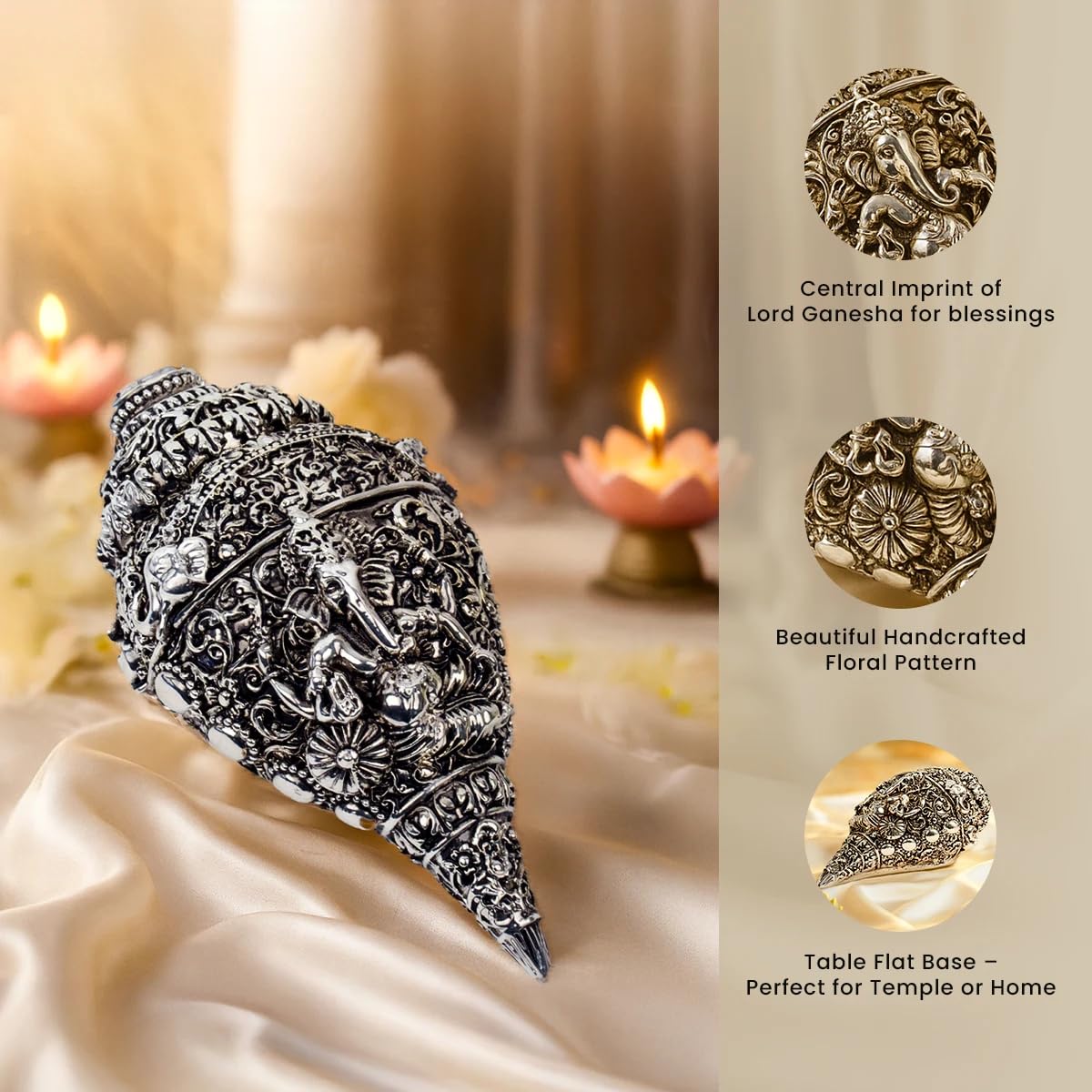 Astrotalk 925 Silver Plated Ganesh Shankh (Conch) 12 cm | Ganesh Idol Crafted Shankh | Attracts Wealth, Prosperity & Positive Energy | Vastu Decorative Item for Home | Mandir Decoration & Festive Gift