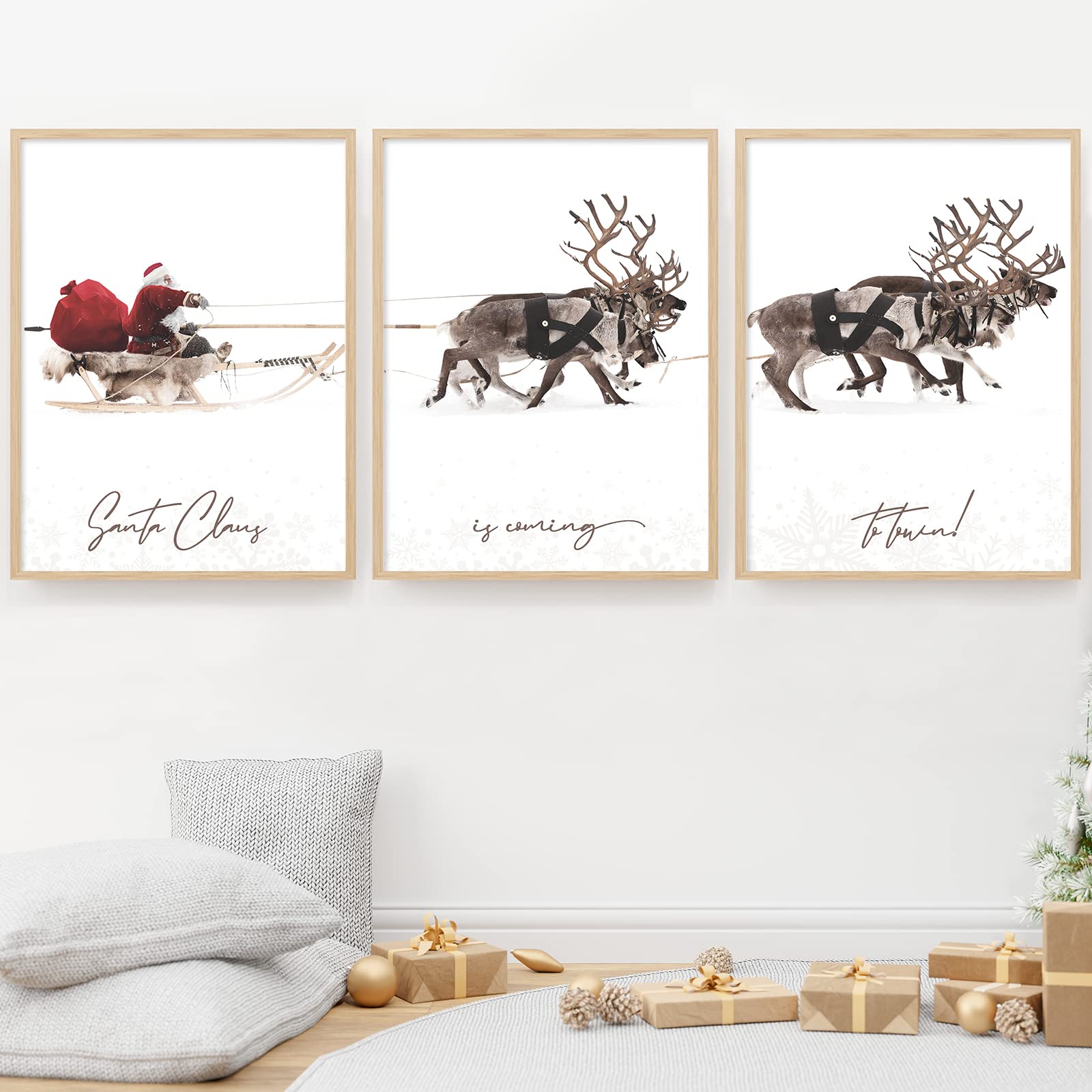 Anydesign 3Pcs Christmas Wall Art Prints 12X16In Santa Claus Reindeer With Sleigh Art Poster Decor Large Aesthetic Xmas Posters
